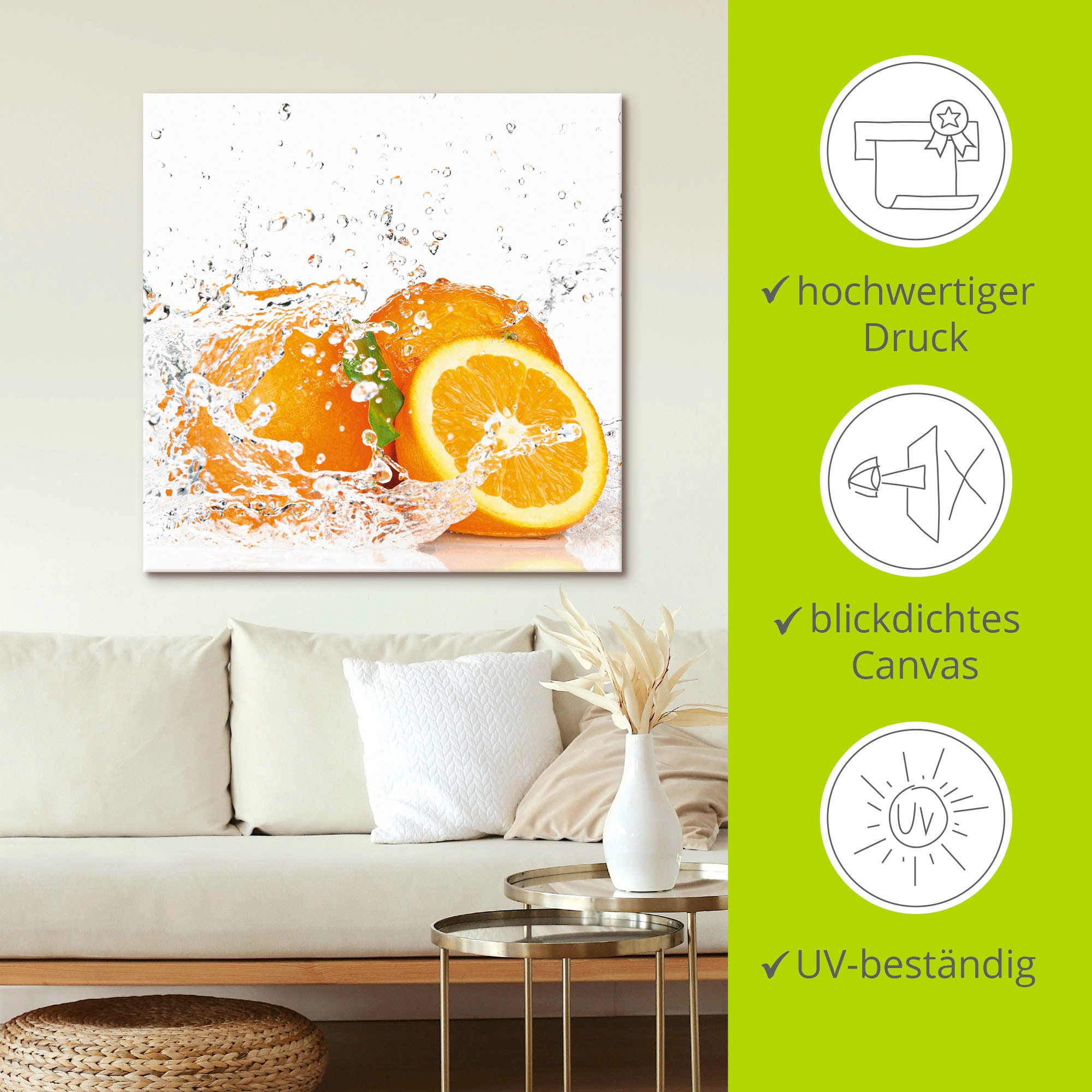 Artland Leinwandbild »Orange mit Spritzwasser« Süßspeisen 1 Stk. tlg. auf Holzrahmen gespannt