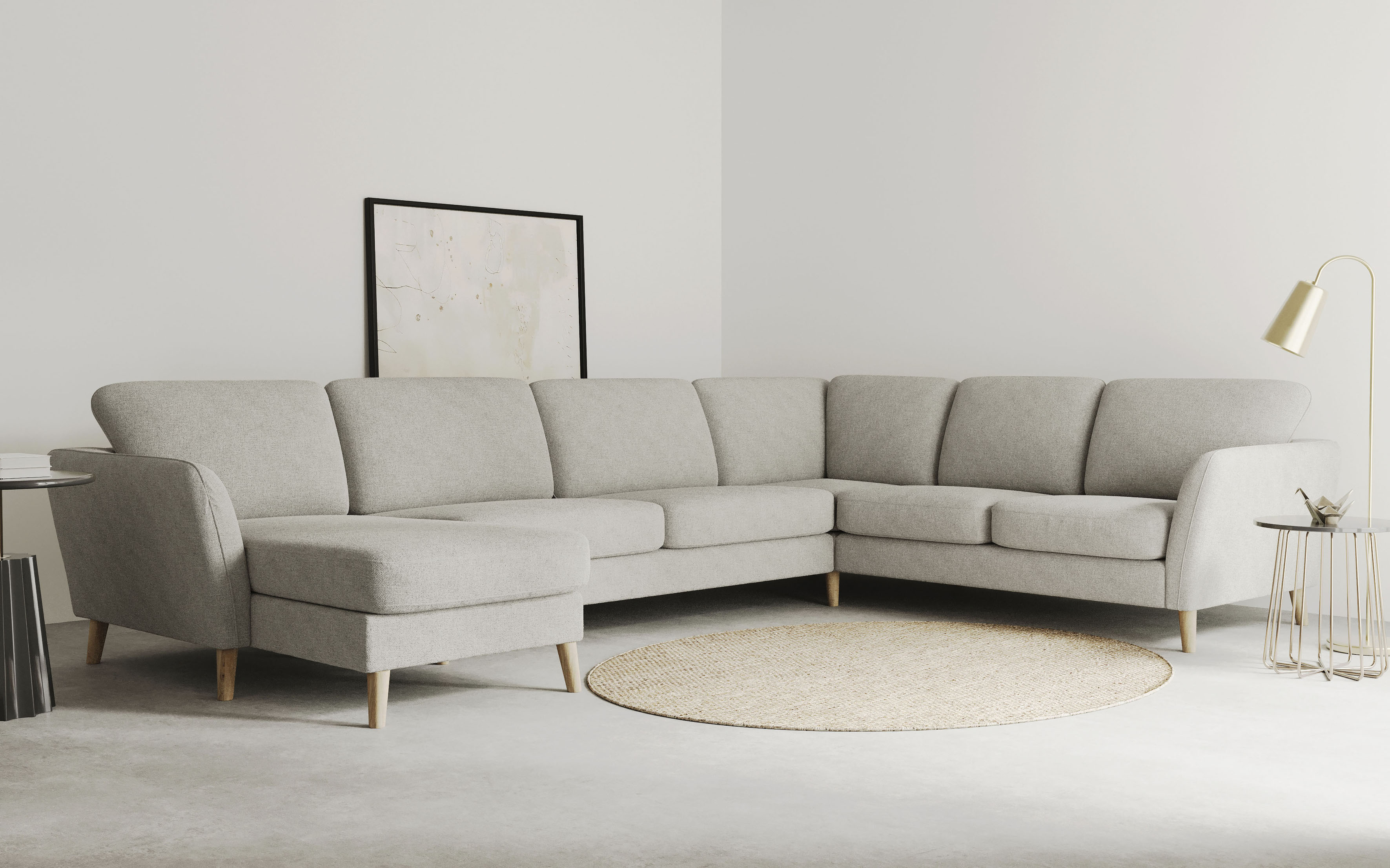 OTTO home Wohnlandschaft "MARSEILLE XXL 349cm, U-Form, Ottomane rechts/links wählbar" Massivholzbeine Eiche, Landhausstil, Wellenunterfederung