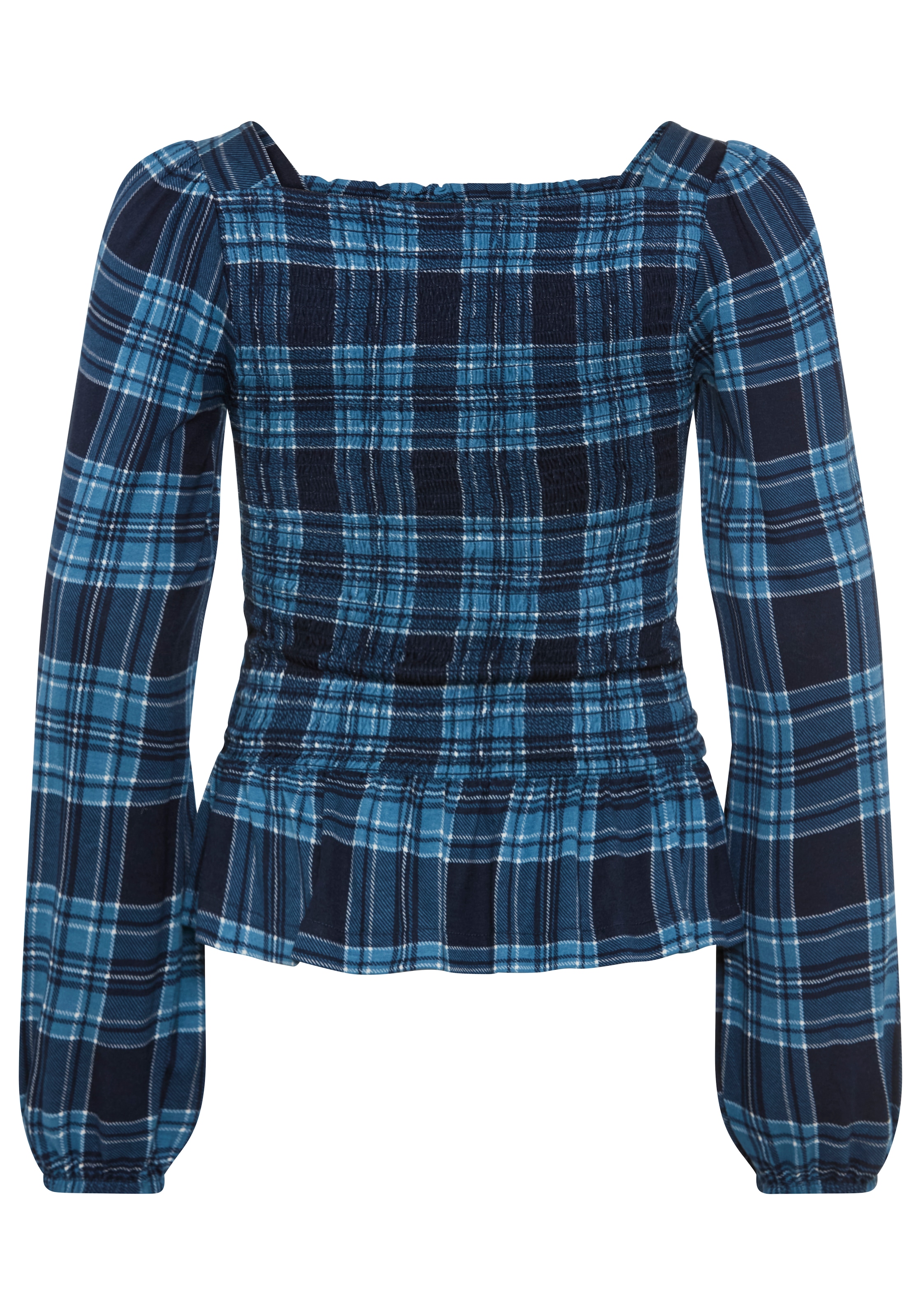 KangaROOS Langarmshirt »Kariertes KangaROOS Viskose-Shirt mit Smoke-Partie« Weiches Viskoseshirt mit Puffärmeln, kariert, gesmokter Rumpfabschluss