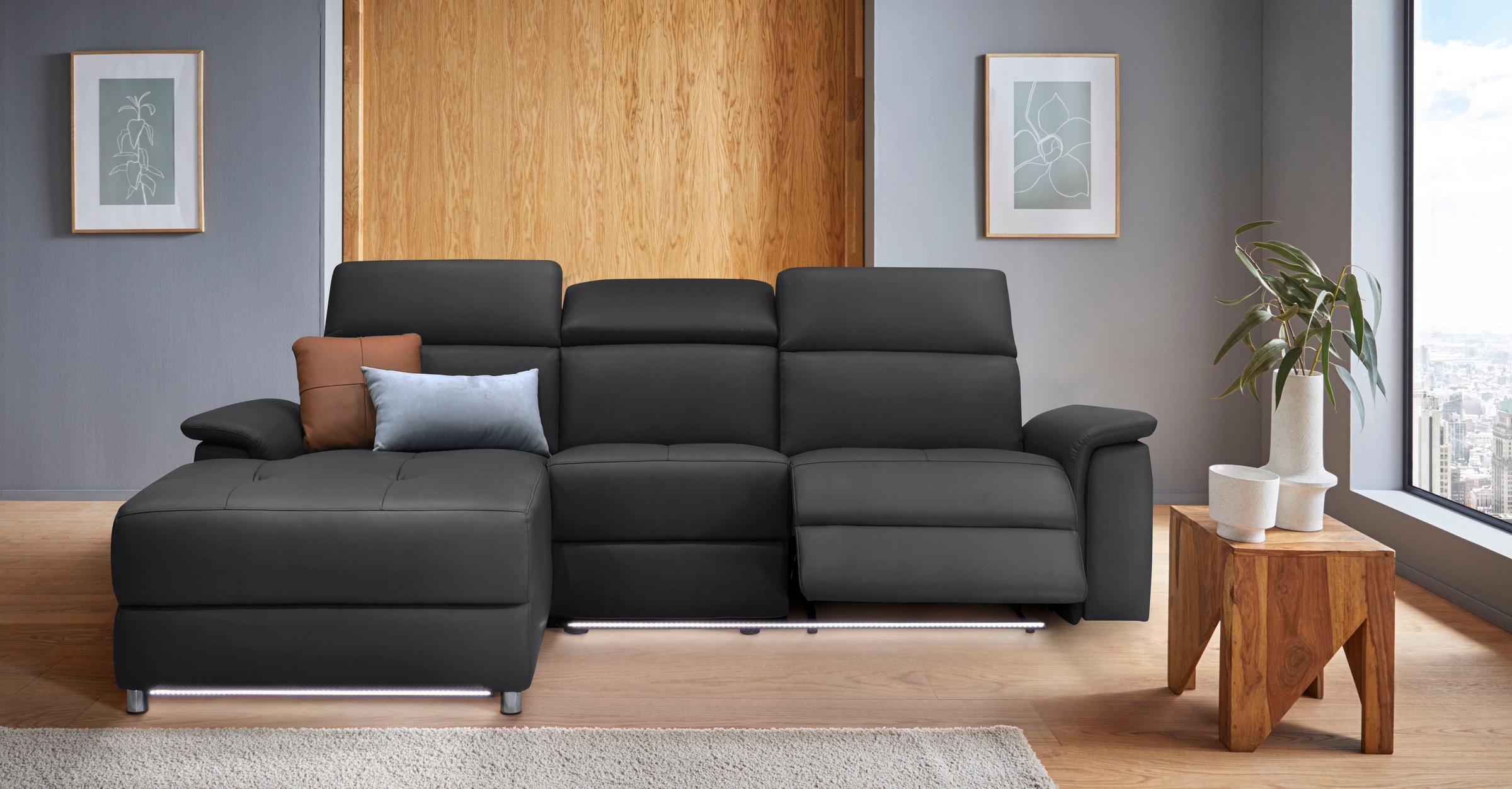 Places of Style Ecksofa »Pareli, L-Form, 259cm,m. Recamiere, Echtleder, Kunstleder, Webstoff«, man. o. elektr. Relaxfunktion, USB/Kopfteilverstellg u. LED
