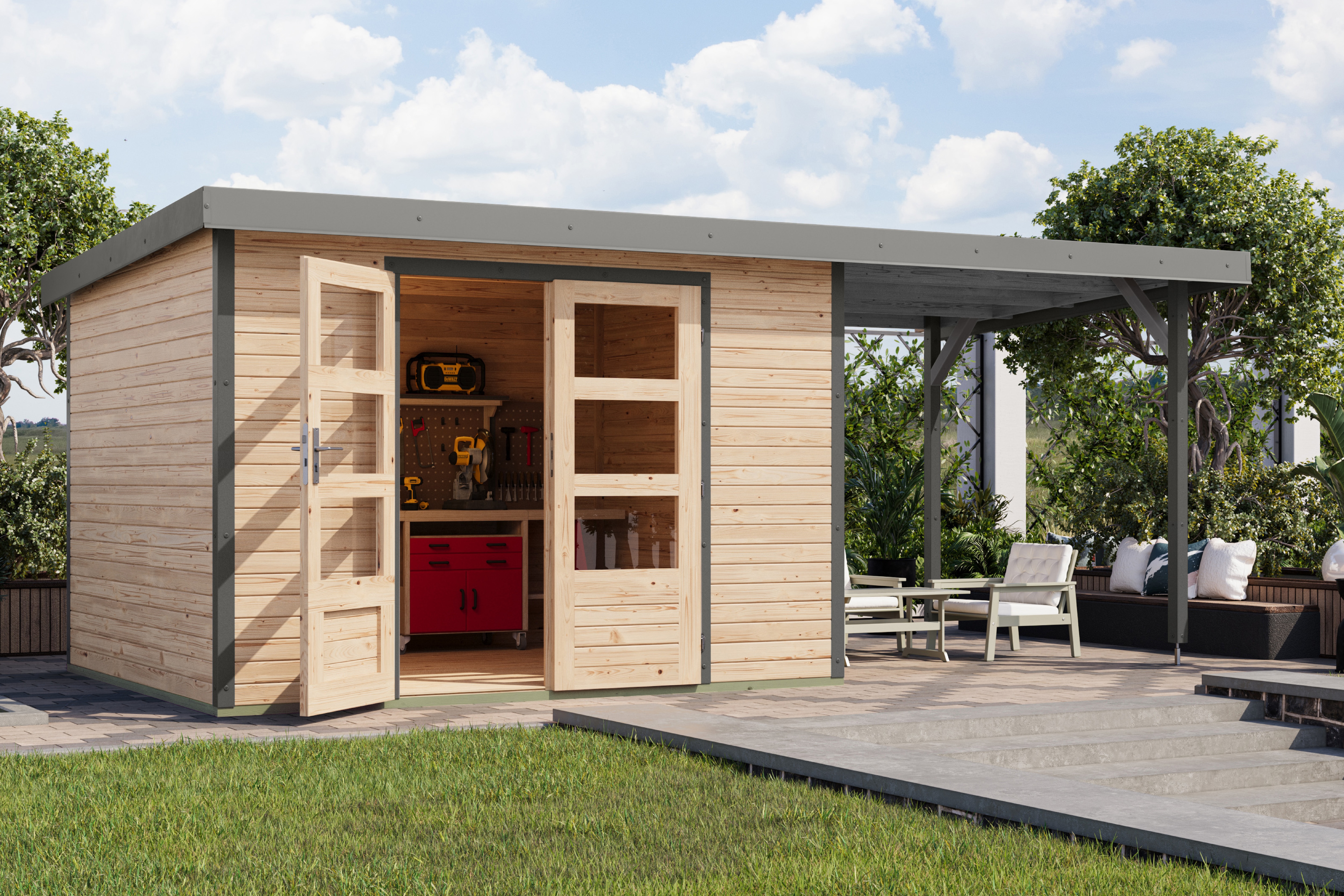 Karibu Gartenhaus "Jupiterino 5 SET, in verschiedenen Farben" inkl. Anbaudach