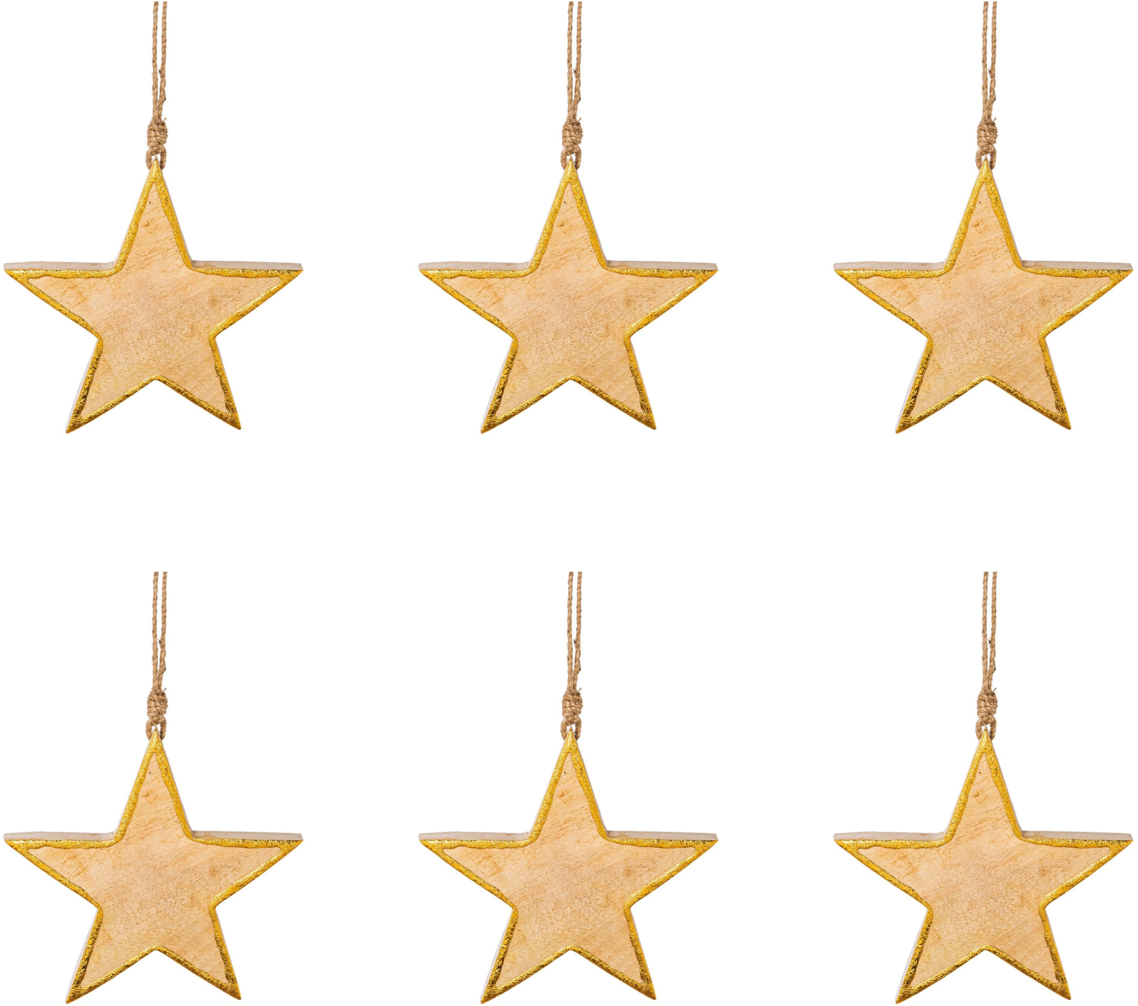 CREATIV DECO Dekostern, B/H/T: 15cm x 15cm x 2cm, gold, Dekosterne, aus Holz, Hängedekoration, 6er Set, Ø ca. 15 cm
