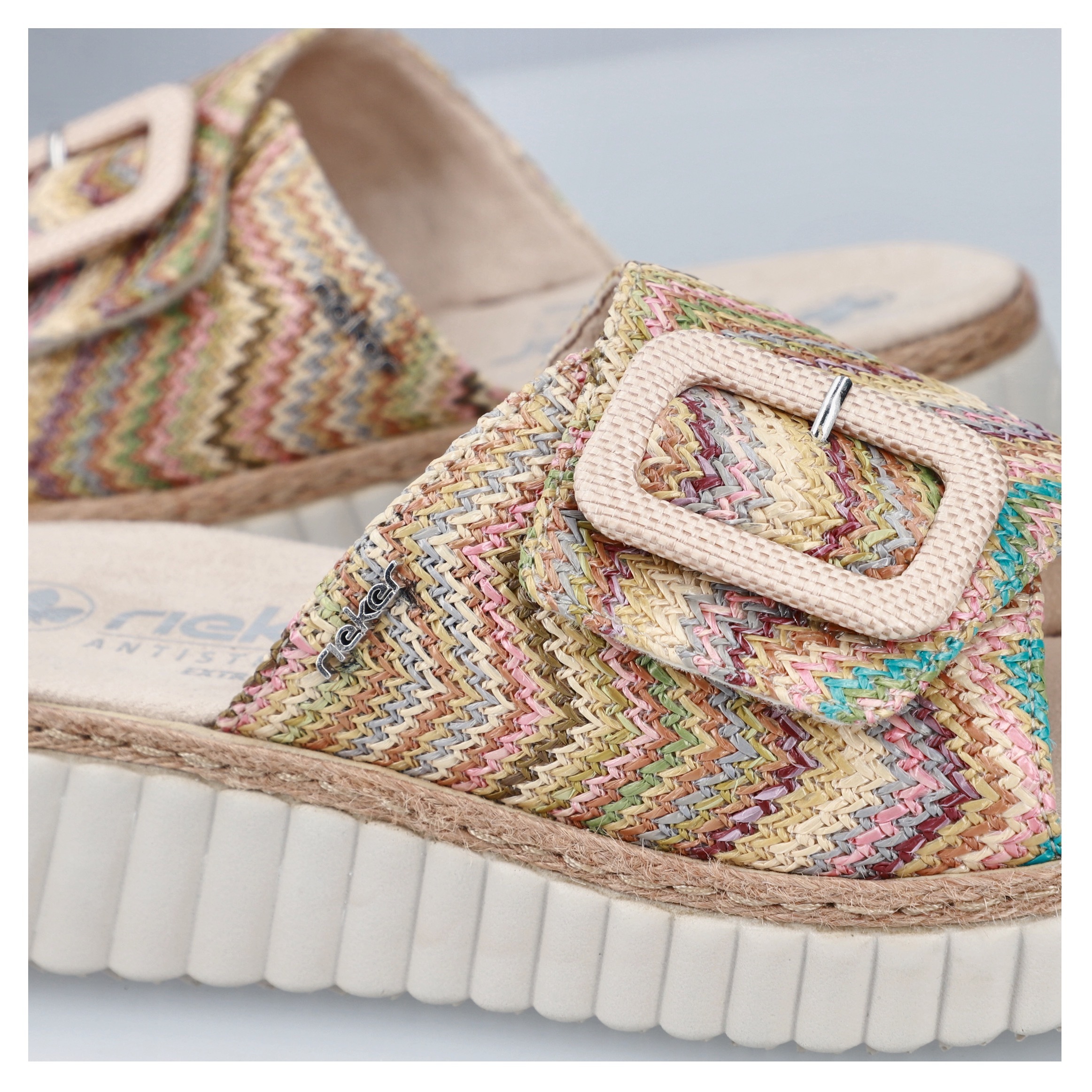 Keilpantolette RIEKER, Damen, Gr. 41, bunt (pastell multi), Bast, Flechtoptik, Schuhe, Sommerschuh, Strandschuh, Hausschuh mit praktischem Klettverschluss 3