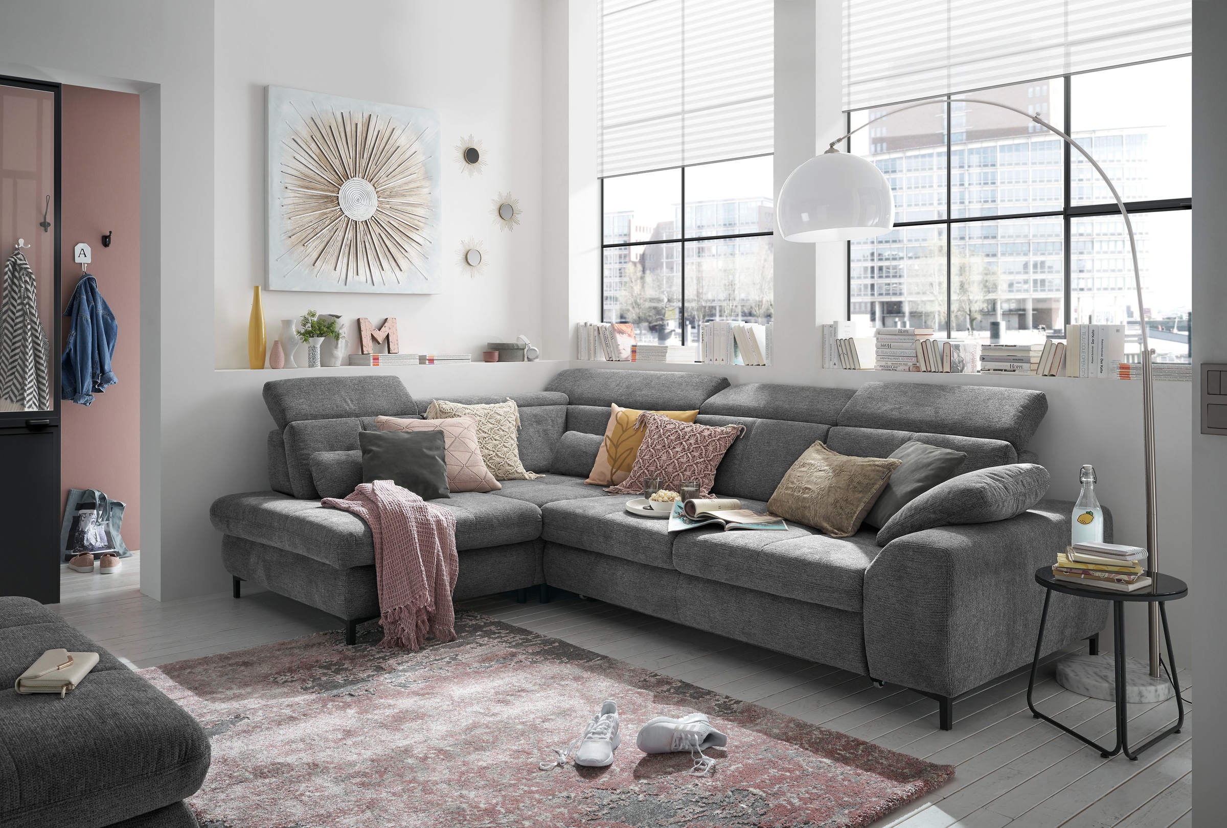 set one by Musterring Ecksofa »SO 3400 Sitzhöhe 47cm oder 49cm, Sitztiefe verstellbar, B/T 317/220 cm«, Kaltschaumpolsterung, Flachgewebe, whlw. mit Funktionen, Sitzhöhe 47