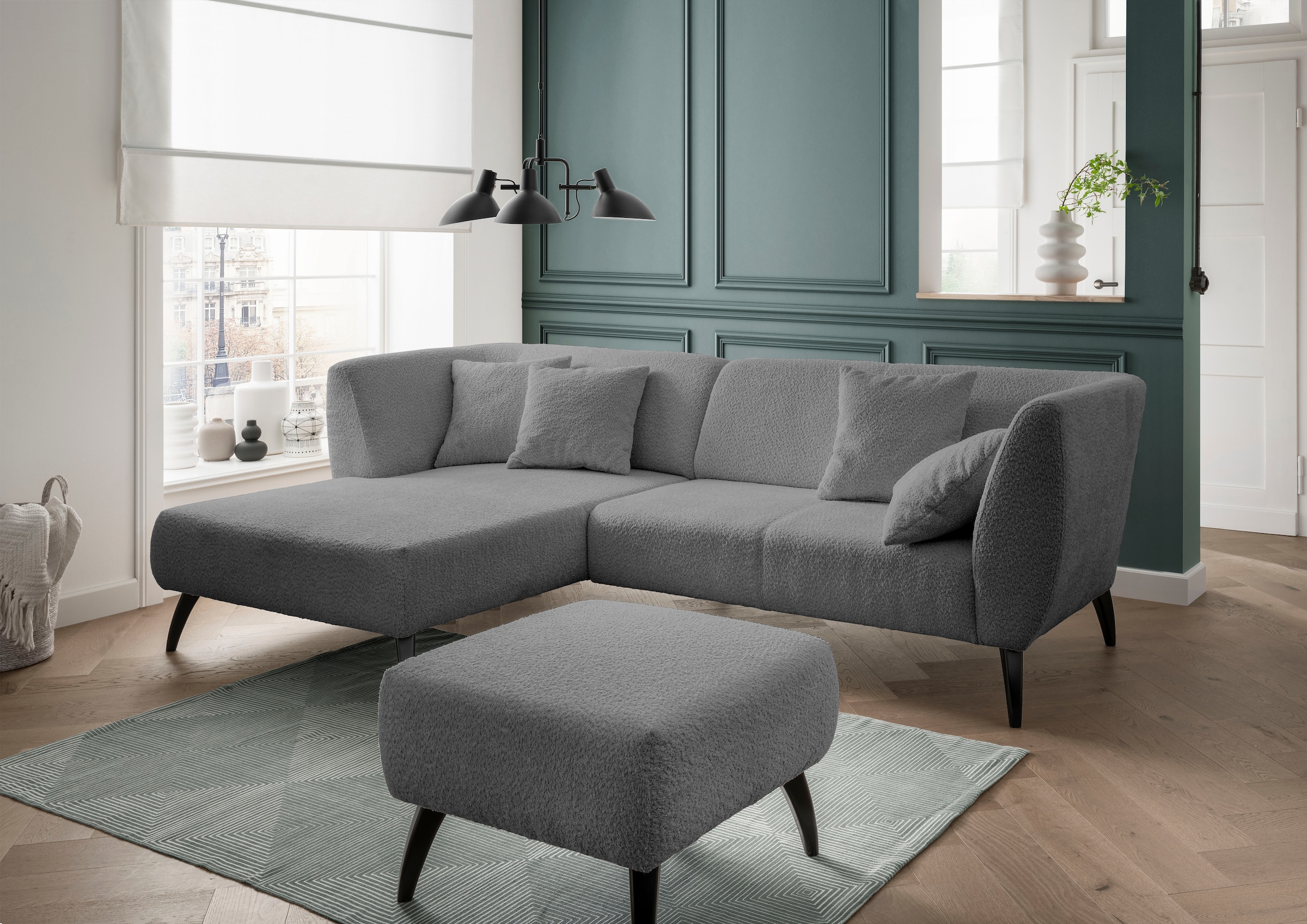 Home affaire Ecksofa "Lazio modern und bequem, schmale Armlehnen, tolle Detailverarbeitung" Holzfußfarbe wählbar, inkl. 4x Zierkissen