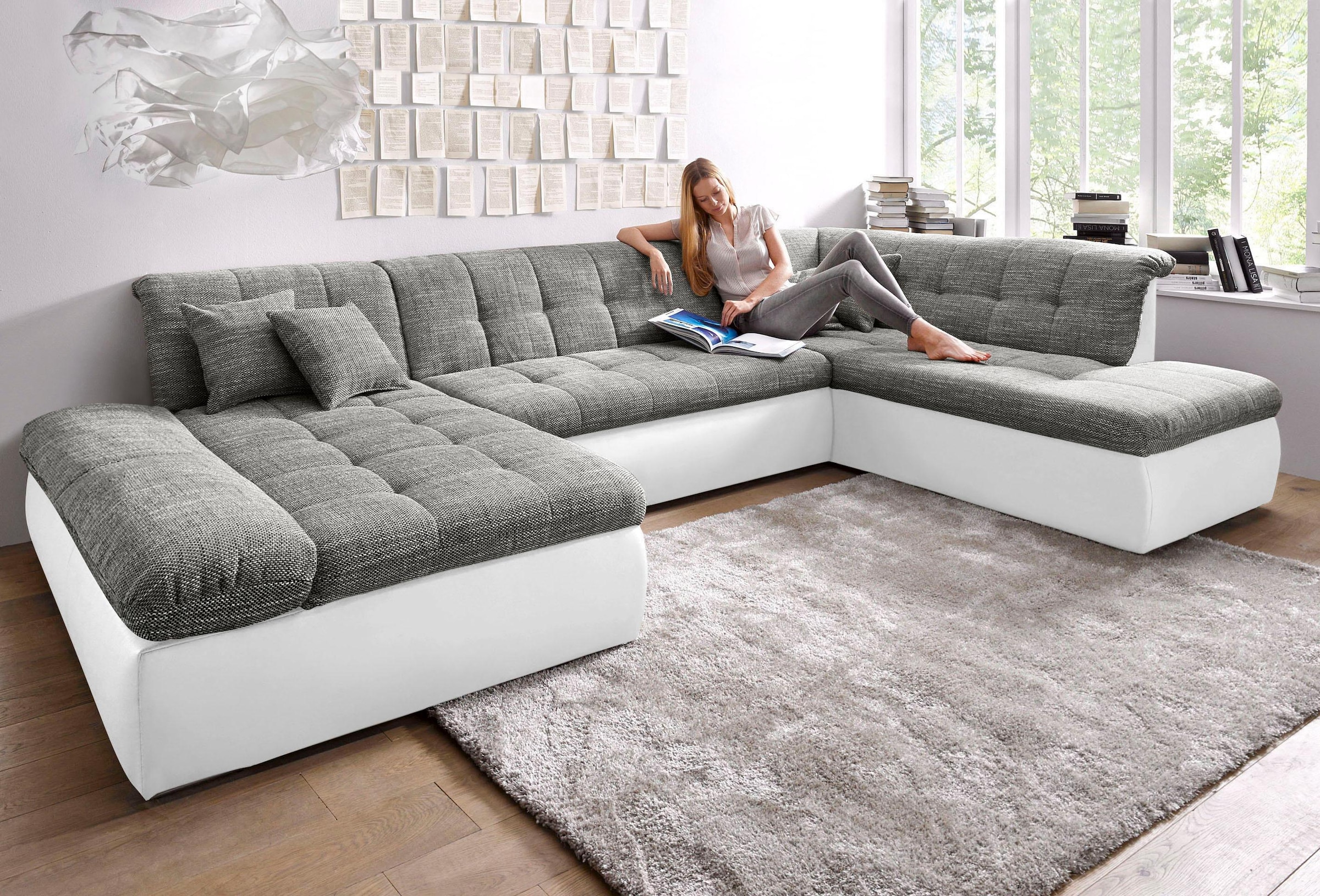 DOMO collection Wohnlandschaft "MORIC 353x216x80 cm, mit viel Platz, U-Form, auch in Cord" im XXL-Format, wahlweise mit Bettfunktion und Armlehnenverstellung