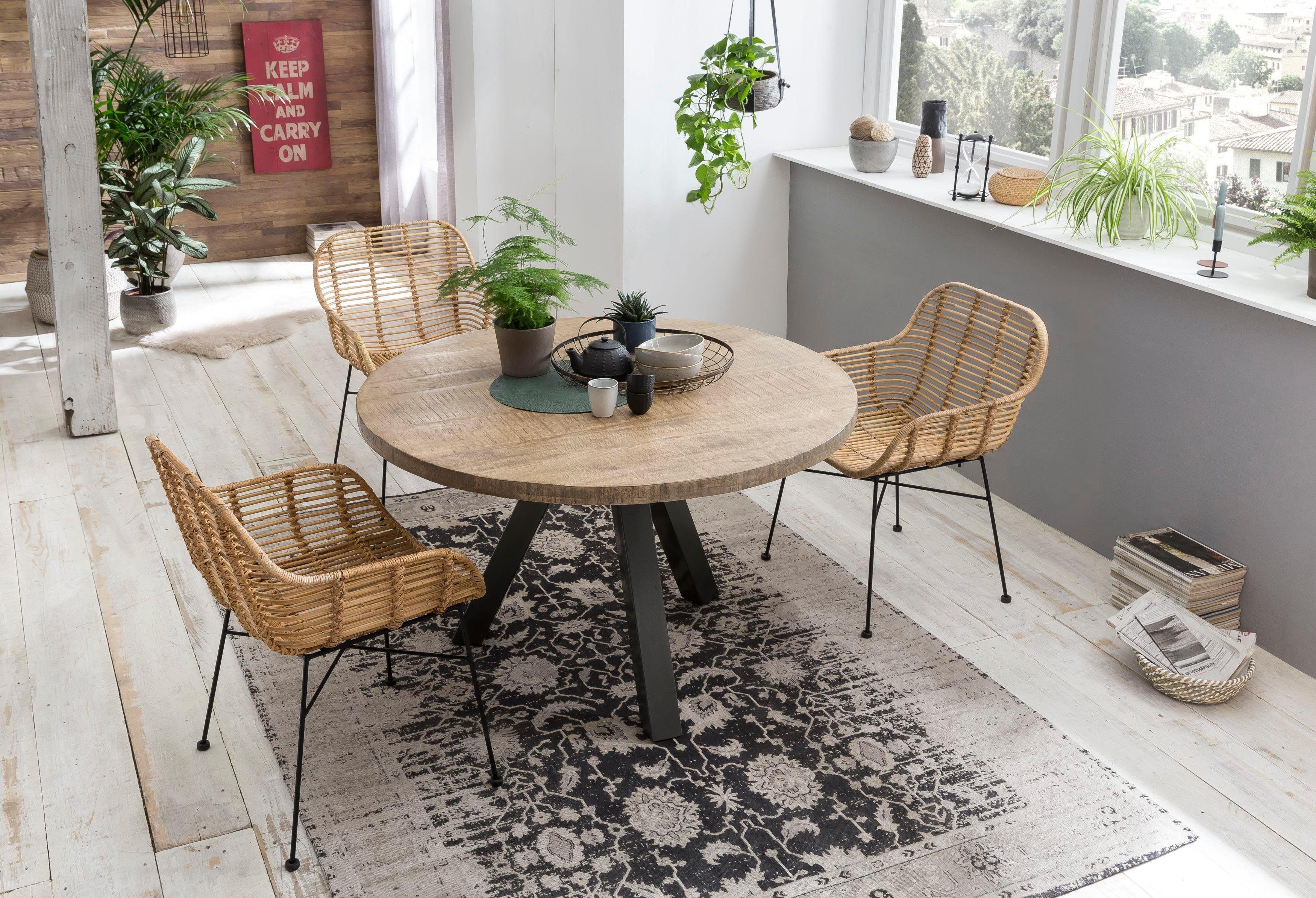 SIT Esstisch "Hanoi rund aus Mangoholz 120 cm Massivholz Vintage Industrial" 3-Bein-Gestell in Gun-Metal-Grau mit rustikaler Tischplatte