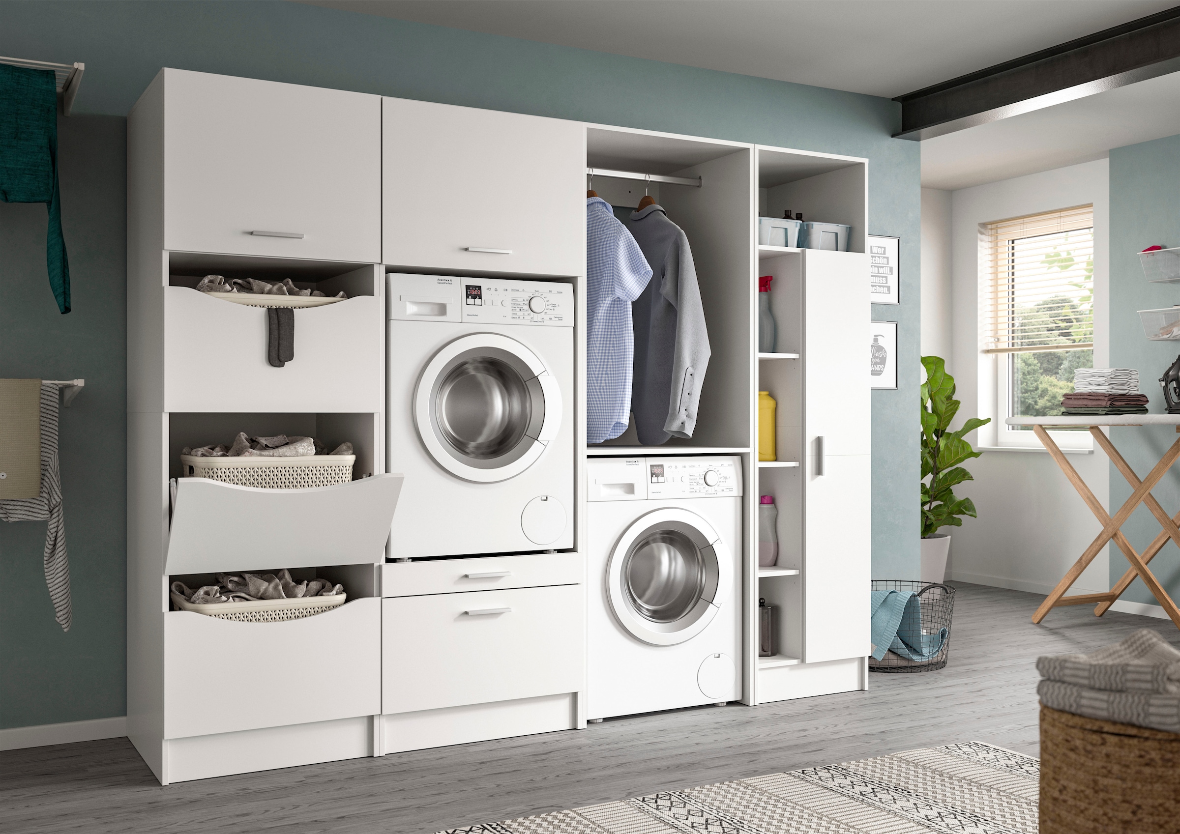 welltime Mehrzweckschrank »FALAS, TOPSELLER!, Höhe 195cm, 1 Tür, 1 Kleiderstange, 5 offene Fächer«, (1 St., in verschiedenen Farben erhältlich), Universalschrank, Wäscheschrank, Badezimmer, Hauswirtschaftsschrank