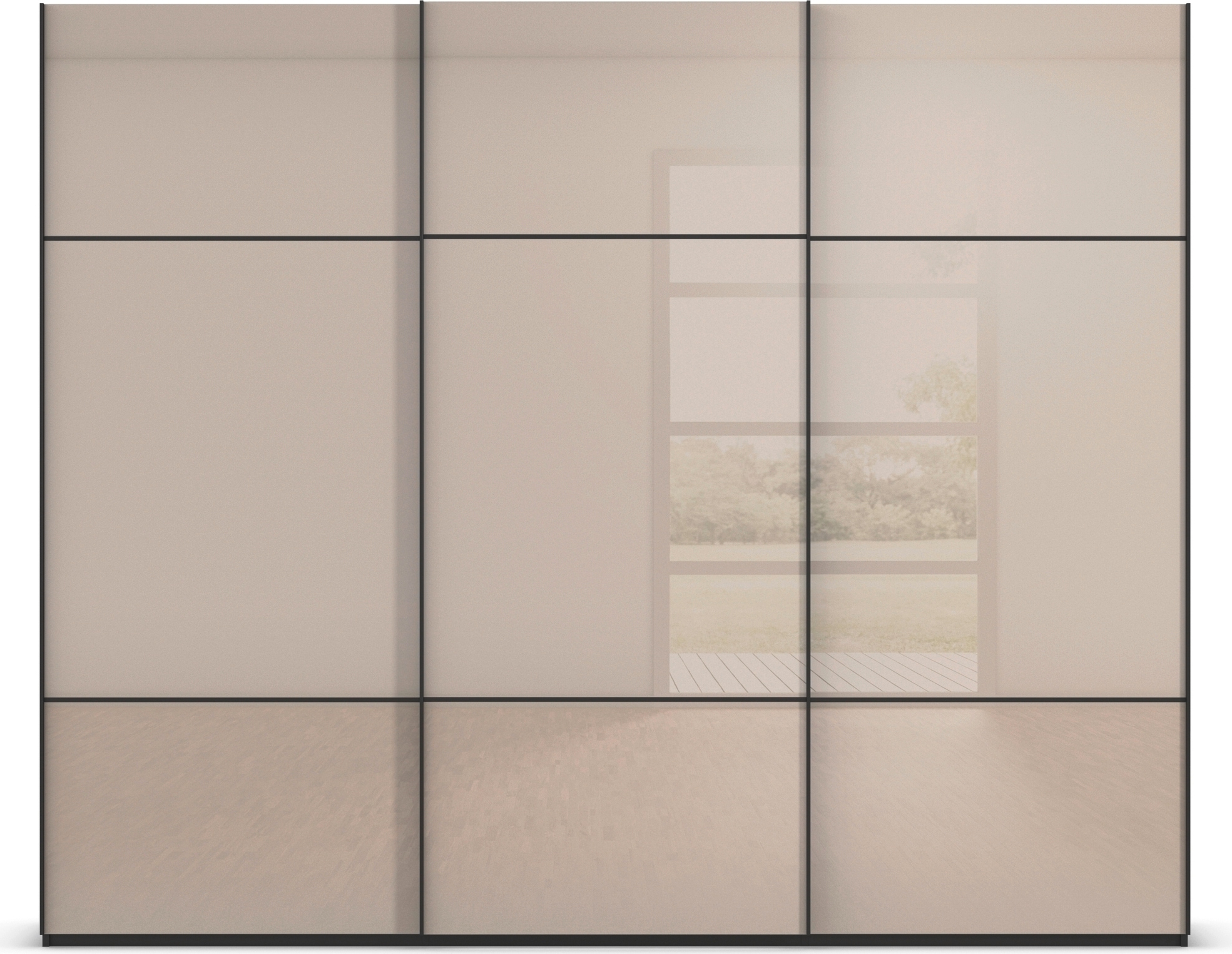 rauch Schwebetürenschrank »Kleiderschrank Schrank Garderobe Schlafzimmerschrank SCALE-TRIO«, edle dreigeteilte Front mit 2 Zierleisten Glasfront MADE IN GERMANY