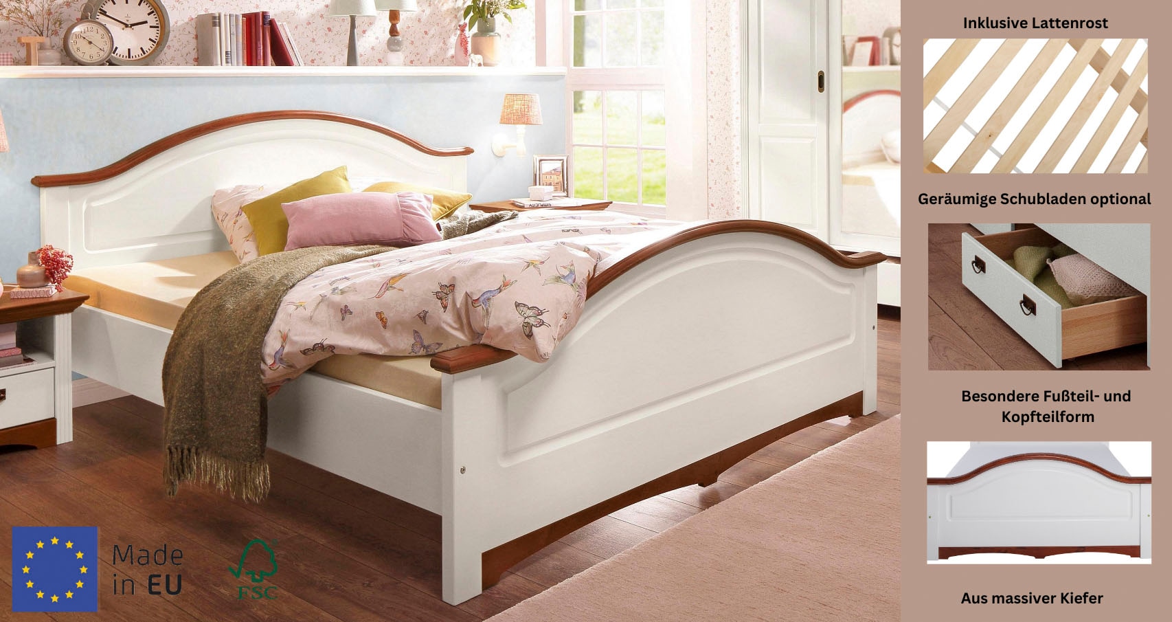 Home affaire Massivholzbett »Konrad, hohe Belastbarkeit! FSC® zertifiziertes Massivholz«, (Breite/Belastbarkeit 180cm/220 KG, 140cm/180 KG), aus massivem Kiefernholz, FSC®-zertifiziert, INKLUSIVE Rollrost