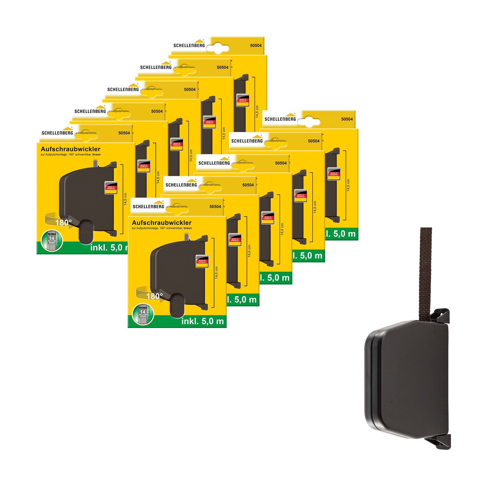 SCHELLENBERG 1100000002199 "Aufschraubwickler für das Rollladensystem Mini" Set, 10 Stk. tlg. schwenkbar, mit vormontiertem Rollladengurtband, braun oder weiß