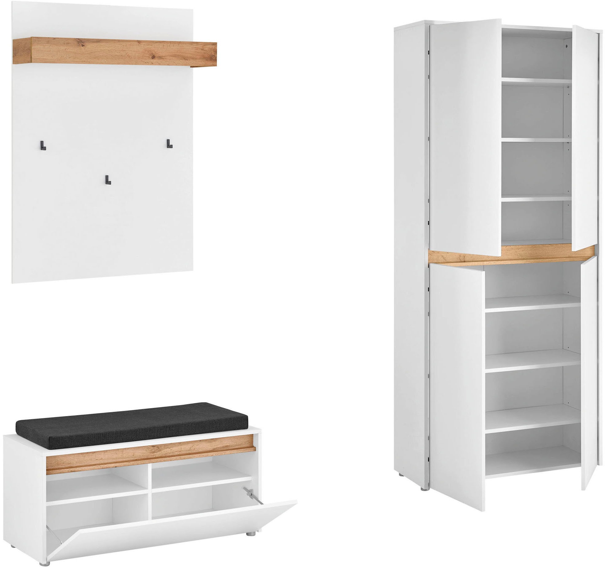 INOSIGN Garderoben-Set »City/Giron, moderne Garderobe, viel Stauraum, ca. 40 Schuhe«, (Set, 3 St.), enthält Schuhschrank, Garderobenpaneel & Garderobenbank mit Sitzkissen