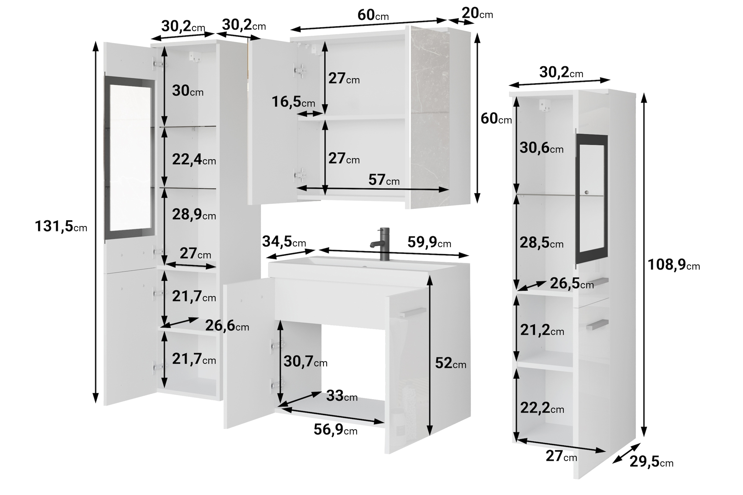 welltime Badmöbel-Set »MADRIT II, Schrank mit Waschbecken, 2 Hänger, Spiegelschrank«, (Komplett-Set, 5 St.), Hängende Badmöbel mit Glaseinsätzen – in vielen Farben erhältlich