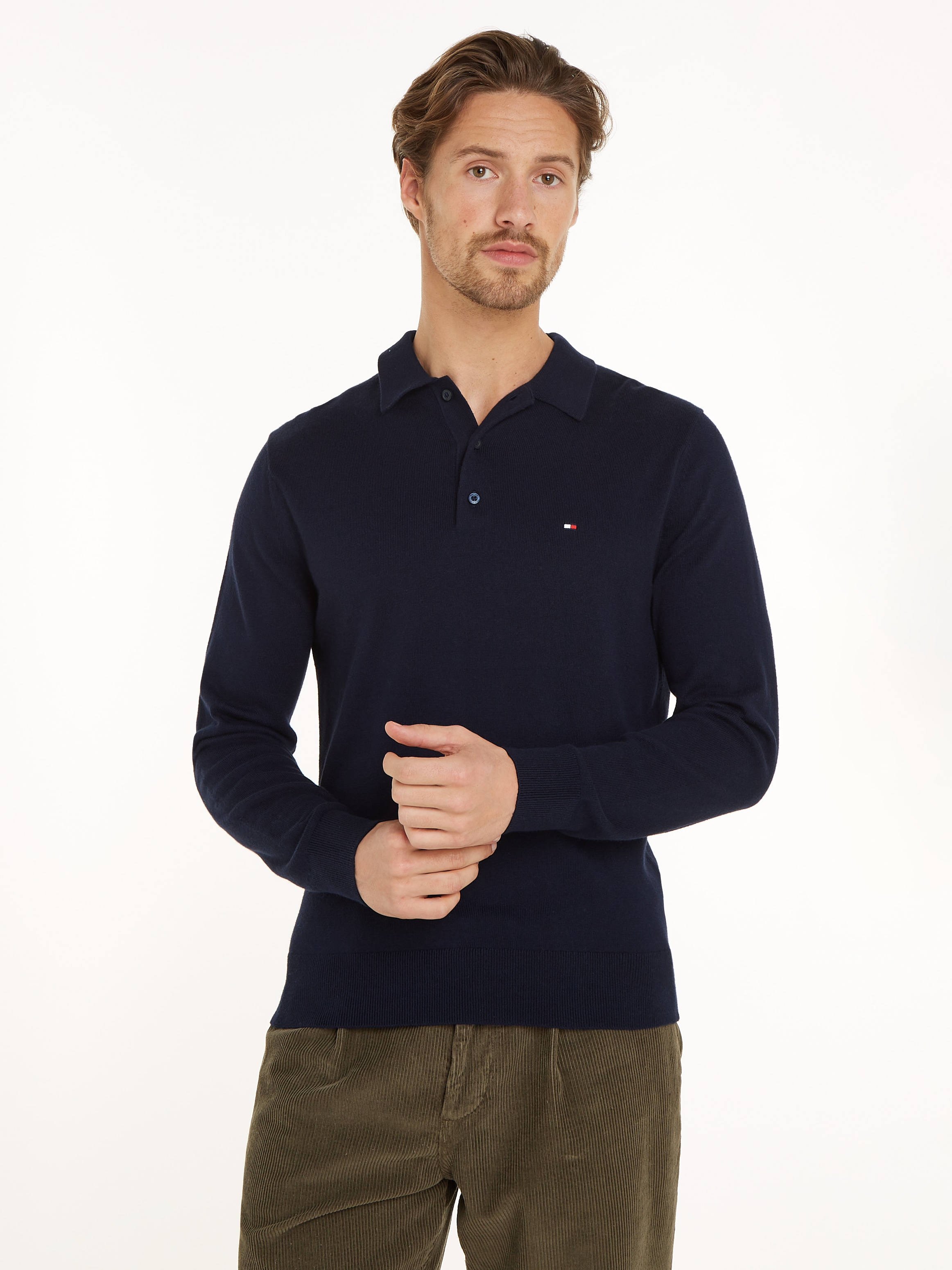 Tommy Hilfiger Polokragenpullover "Pima Org Ctn Cashmere Ls" Flag-Stickerei Auf Brust