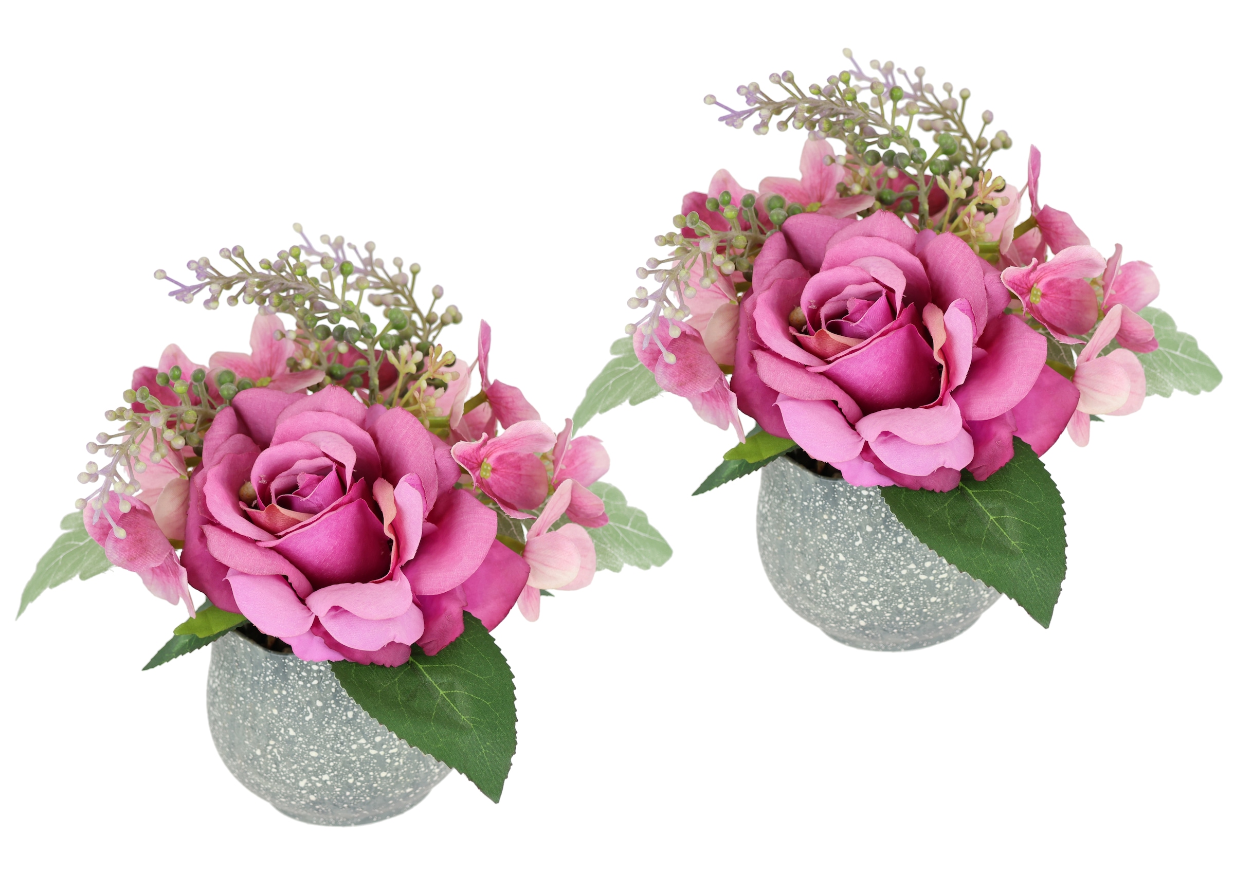 I.GE.A. "Arrangement Rose und Hortensie im Topf 2er Set" Blumengesteck künstlich Dekoblume Hochzeitsdeko Kunstpflanze Blume