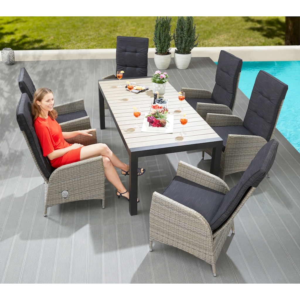 KONIFERA Garten-Essgruppe »Alva«, (Set, 13 tlg., 6x Stuhl, 1x Tisch ausziehbar 205-275 cm, inkl. Auflagen), Aluminium, Polyrattan, Rückenlehnen stufenlos verstellbar, Grau