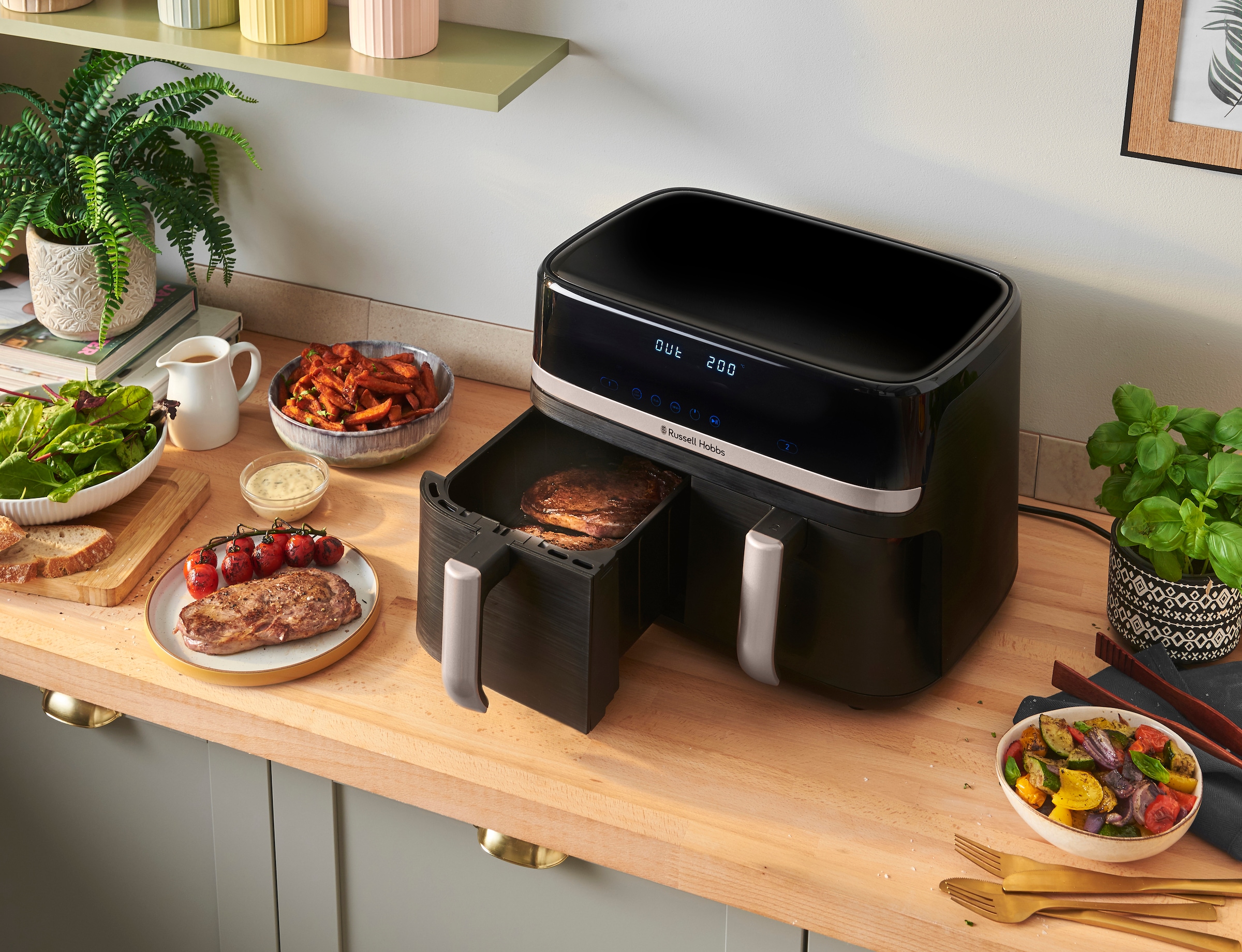 RUSSELL HOBBS Heißluftfritteuse »27680-56 s SatisFryTM Dual basket, 4,5L«, 2800 W, Fassungsvermögen 9 l, Airfryer–wenig oder kein Öl erforderlich, 9 Programme, 4,5 L