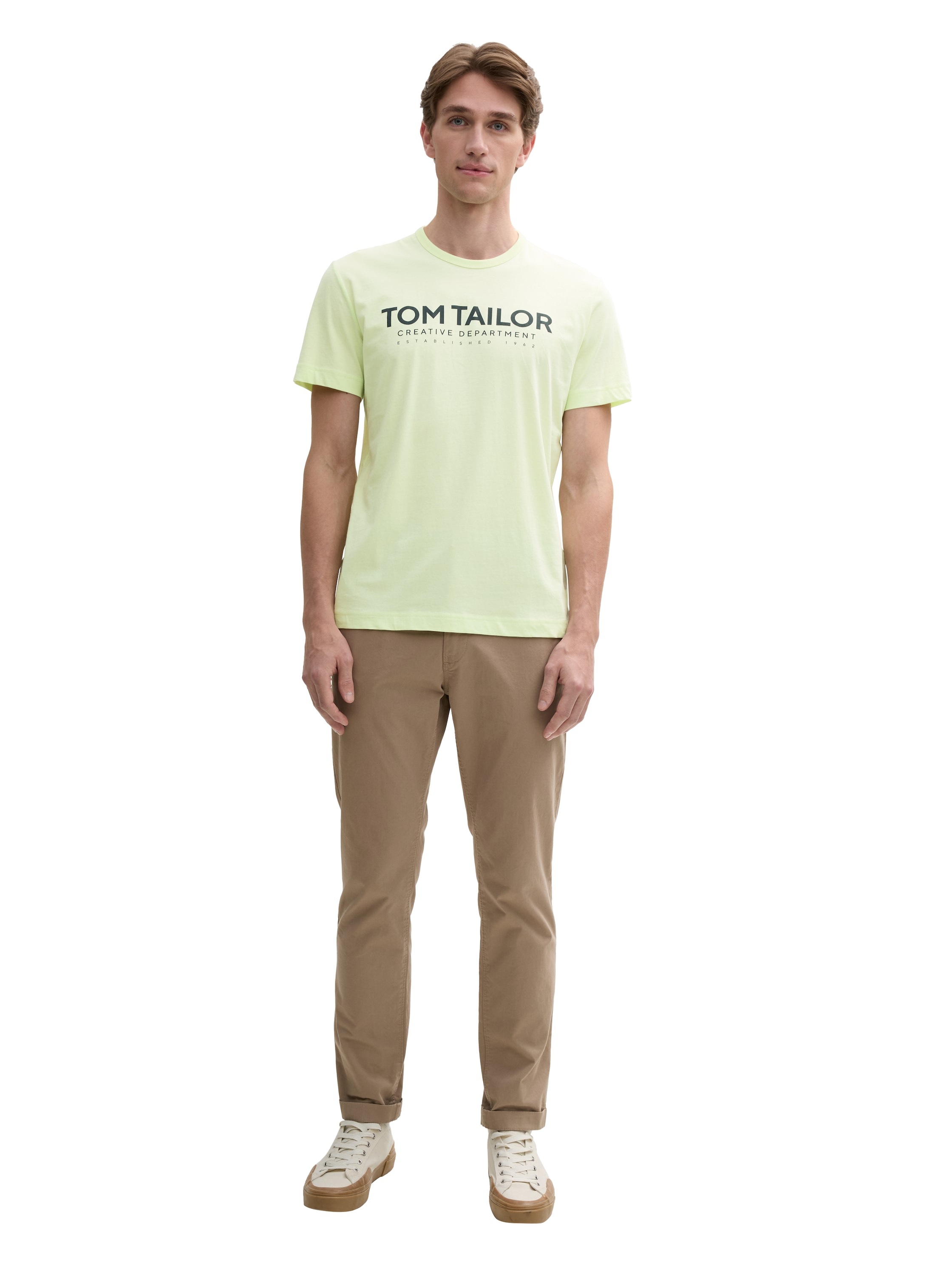 Rundhalsshirt TOM TAILOR, Herren, Gr. S, grün (lime cream grün), Single Jersey, Obermaterial: 100% Baumwolle, bedruckt, regular fit hüftbedeckend, Rundhals, Shirts Rundhalsshirt, mit Logoprint, Topseller 3