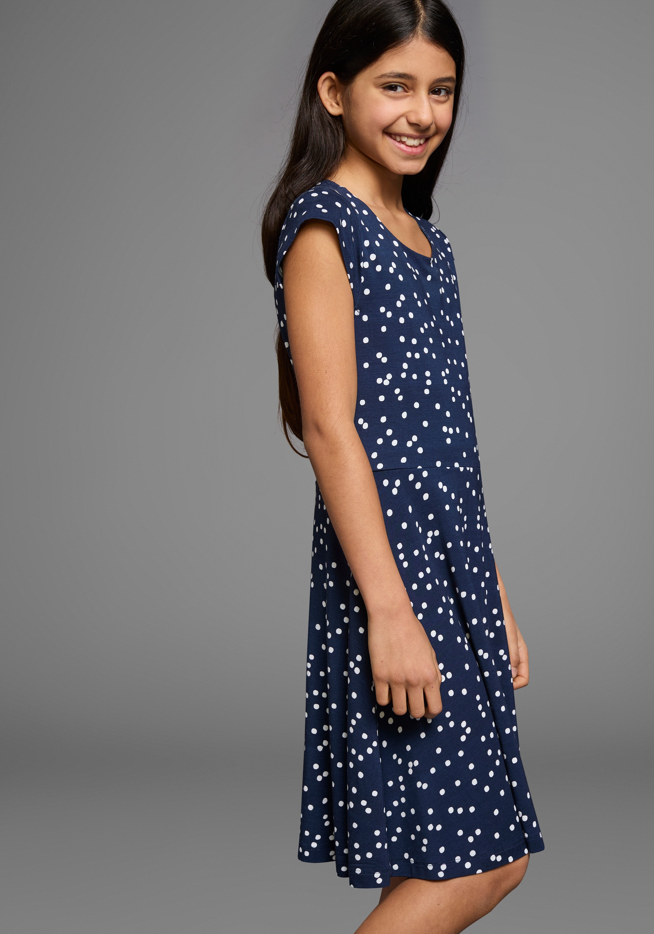 KANGAROOS Mädchen Jerseykleid "Skaterkleid aus Viskose", blau, Gr. 140, gepunktet, Jersey, Obermaterial: 95% Viskose, 5% Elasthan, Kleider, für