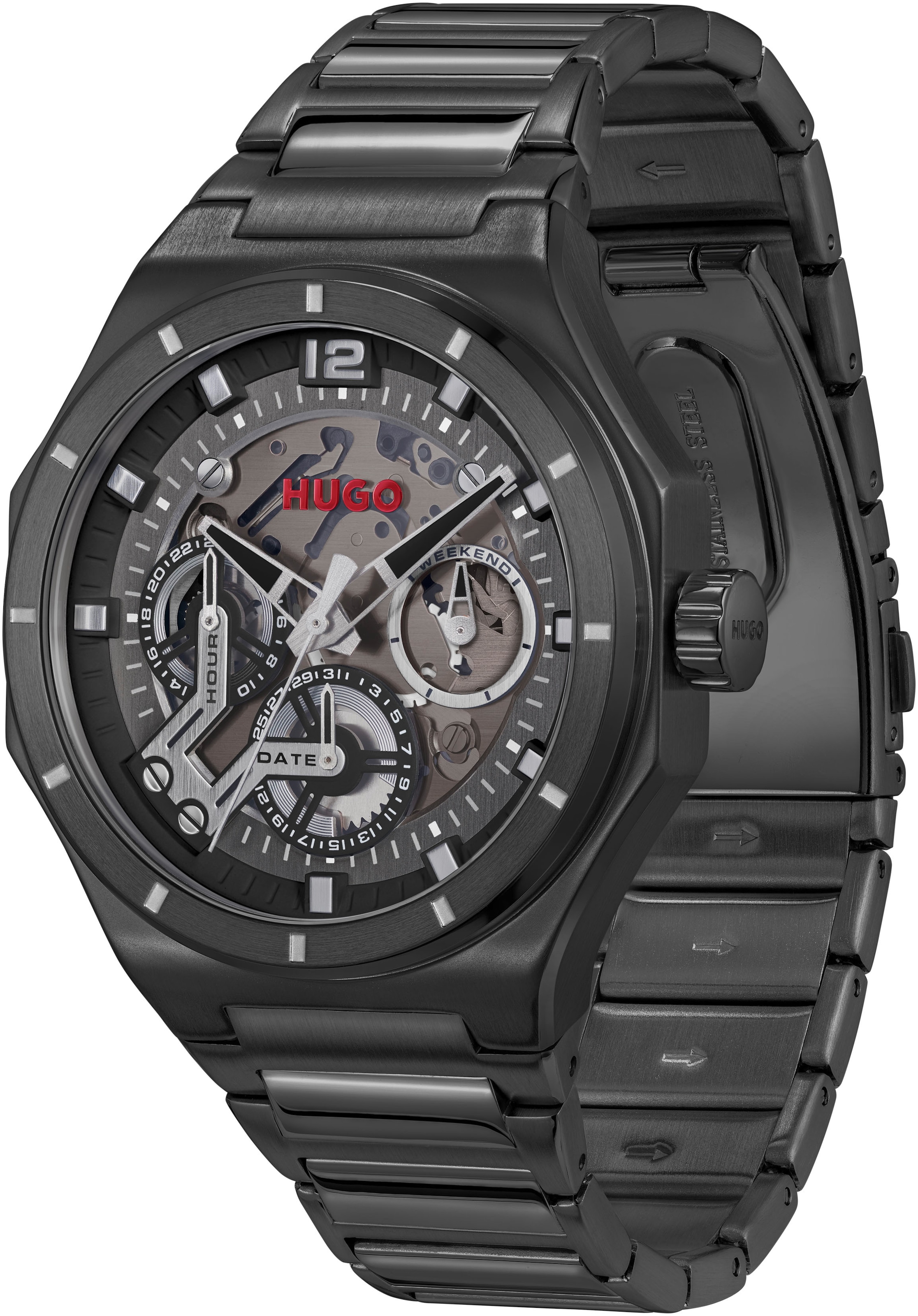 HUGO Multifunktionsuhr »#GRAIL SKELETON«, Armbanduhr, Quarzuhr, Herrenuhr, Datum, Edelstahlarmband
