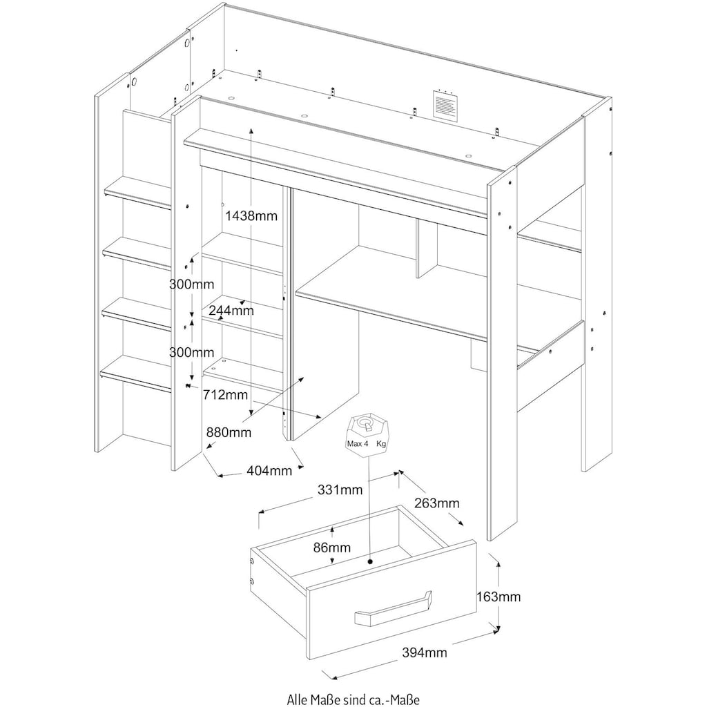 Parisot Hochbett »Heavy«, ALL-IN-ONE, mit Kleiderschrank, Schreibtisch, Leiter, Stauraum