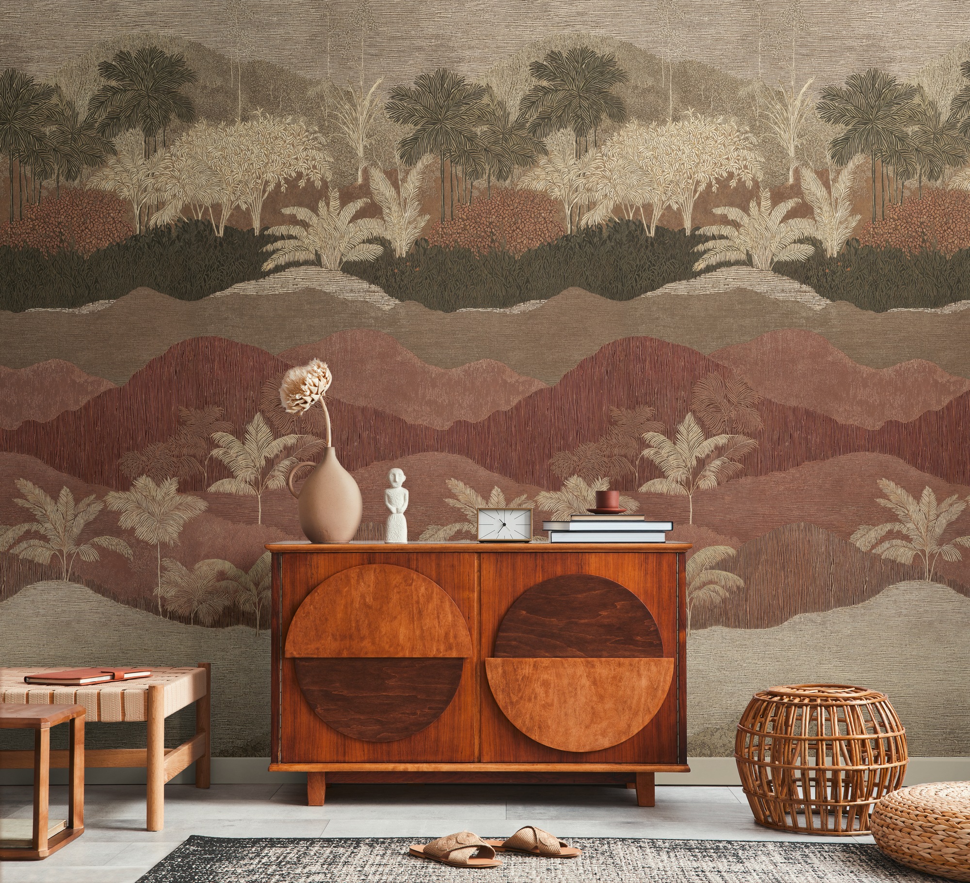 living walls Vliestapete »Vibes & Styles Caldera – Terra Tropica Fototapete« 3D-Optik leicht strukturiert Panorama Landschaft mit stilisierten Palmen und sanftem Tiefeneffekt