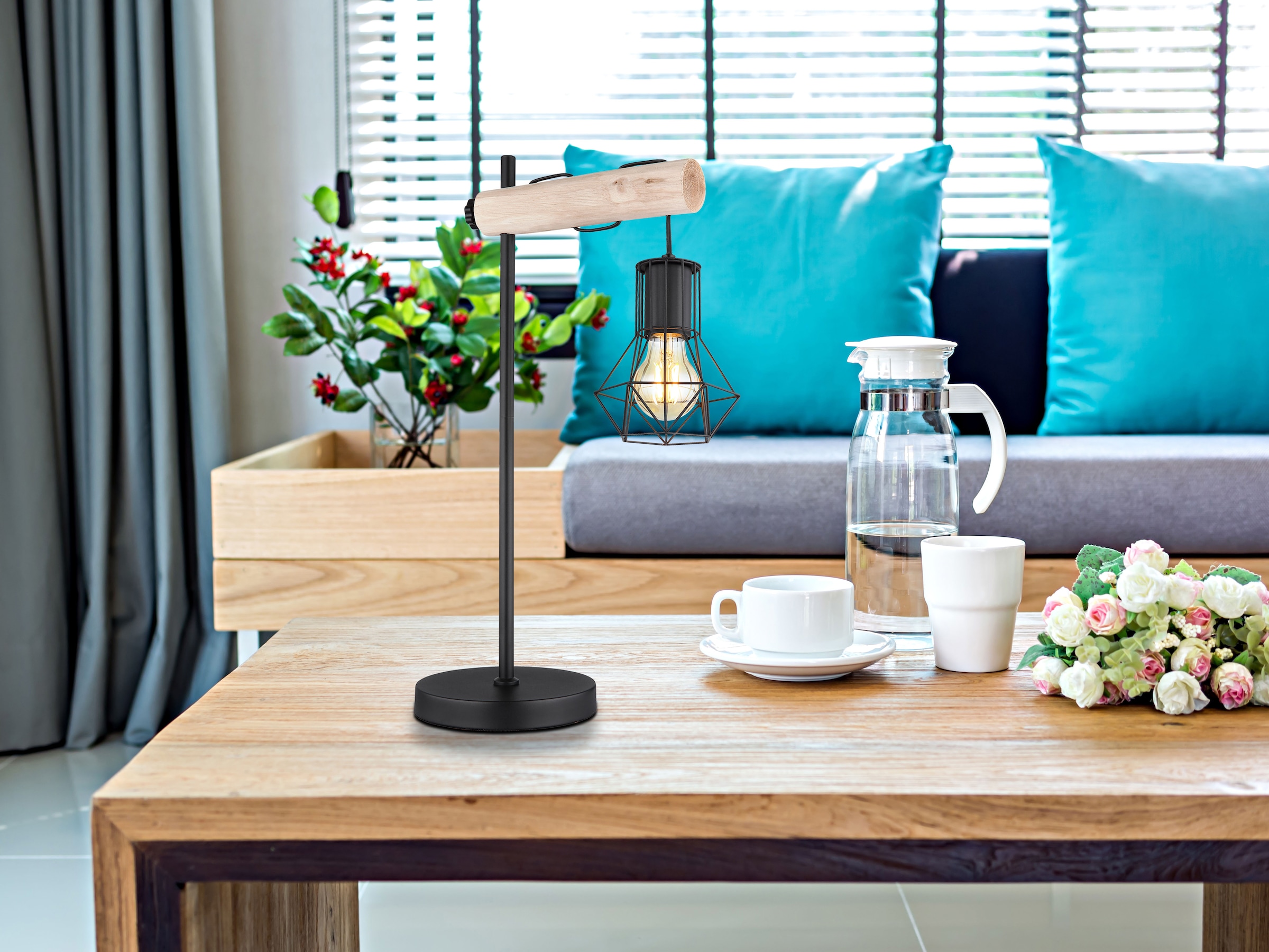GLOBO LIGHTING Tischleuchte »PRISKA« E27 1 Stk. mit Holz natur und Metallgeflecht, höhenverstellbar