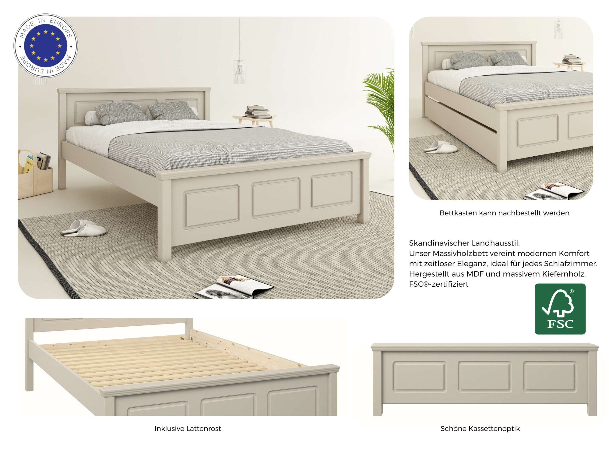 OTTO home Massivholzbett »ERIKK' , Made in Europe, optional mit Schublade, Massivholz Kiefer« FSC® zertifiziert,  in mehreren Größen, Landhausstil mit Kassettenoptik