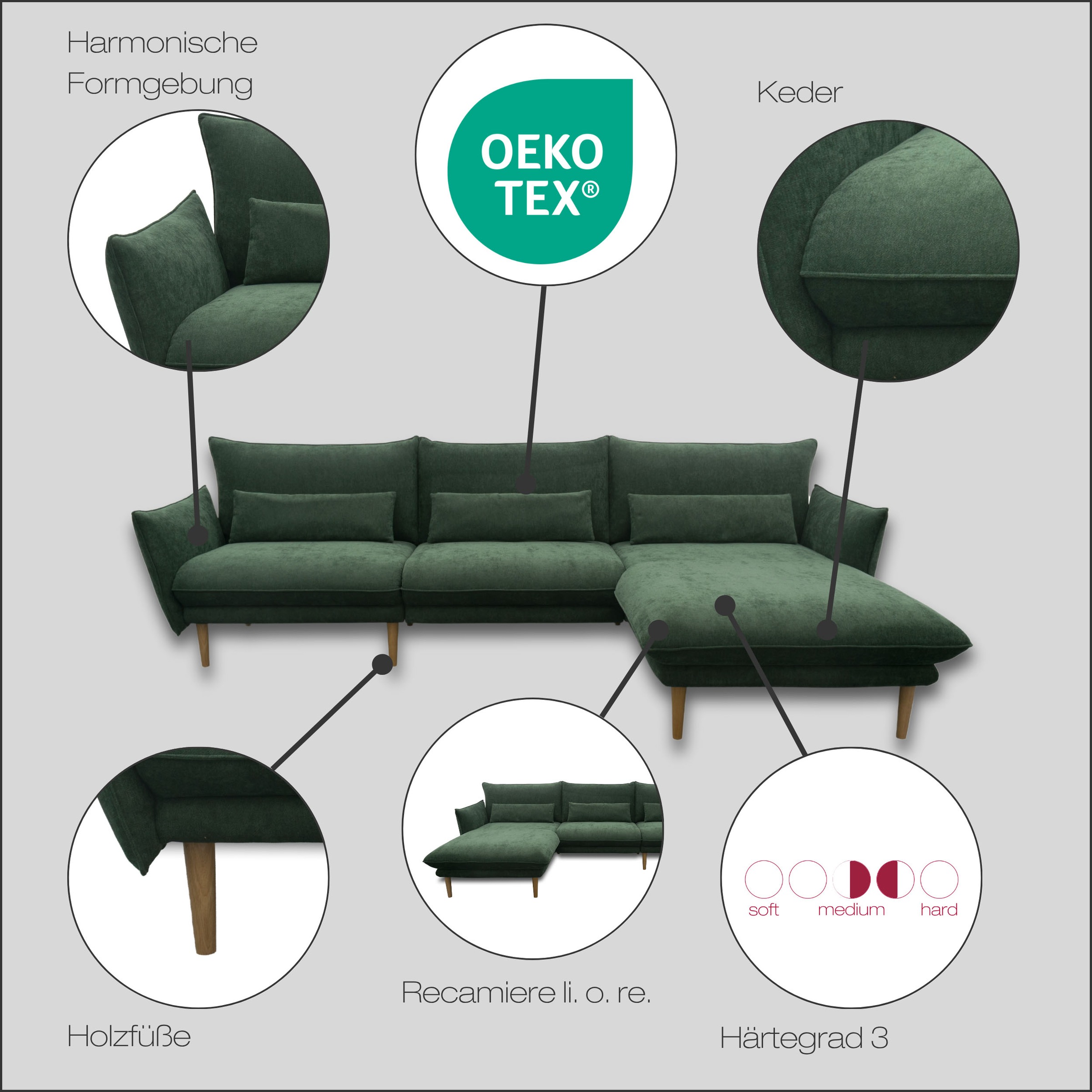 Thumbnail - DOMO collection Ecksofa "Leuven modern mit schmalen Armlehnen, Breite 282 cm, L-Form" angenehm feste Polsterung, bodenfr...