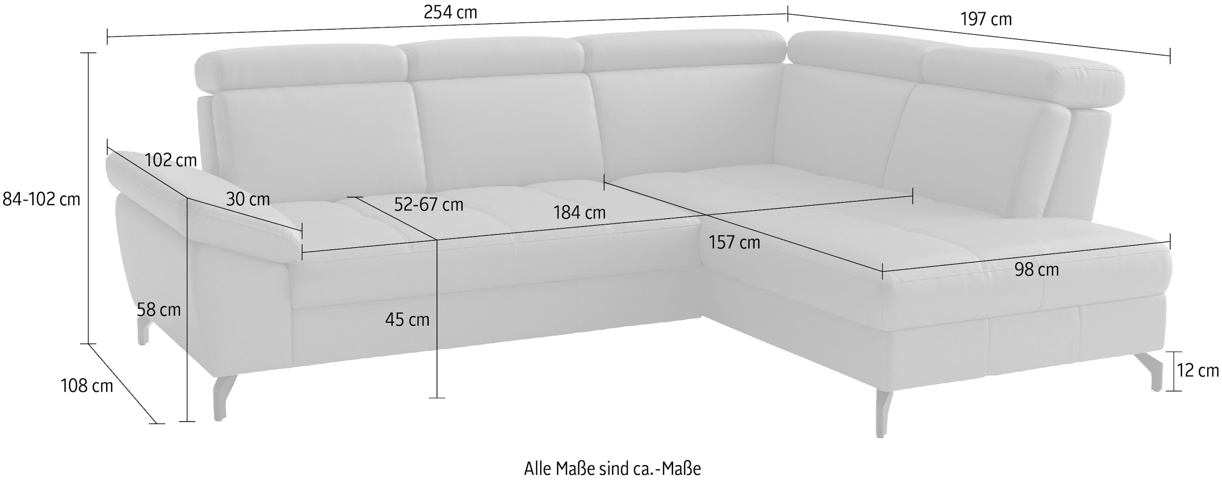 sit&more Ecksofa »Vanity L-Form, B: 254 cm, Leder« Inkl.Sitz-,Kopf-und Armteilverstellung