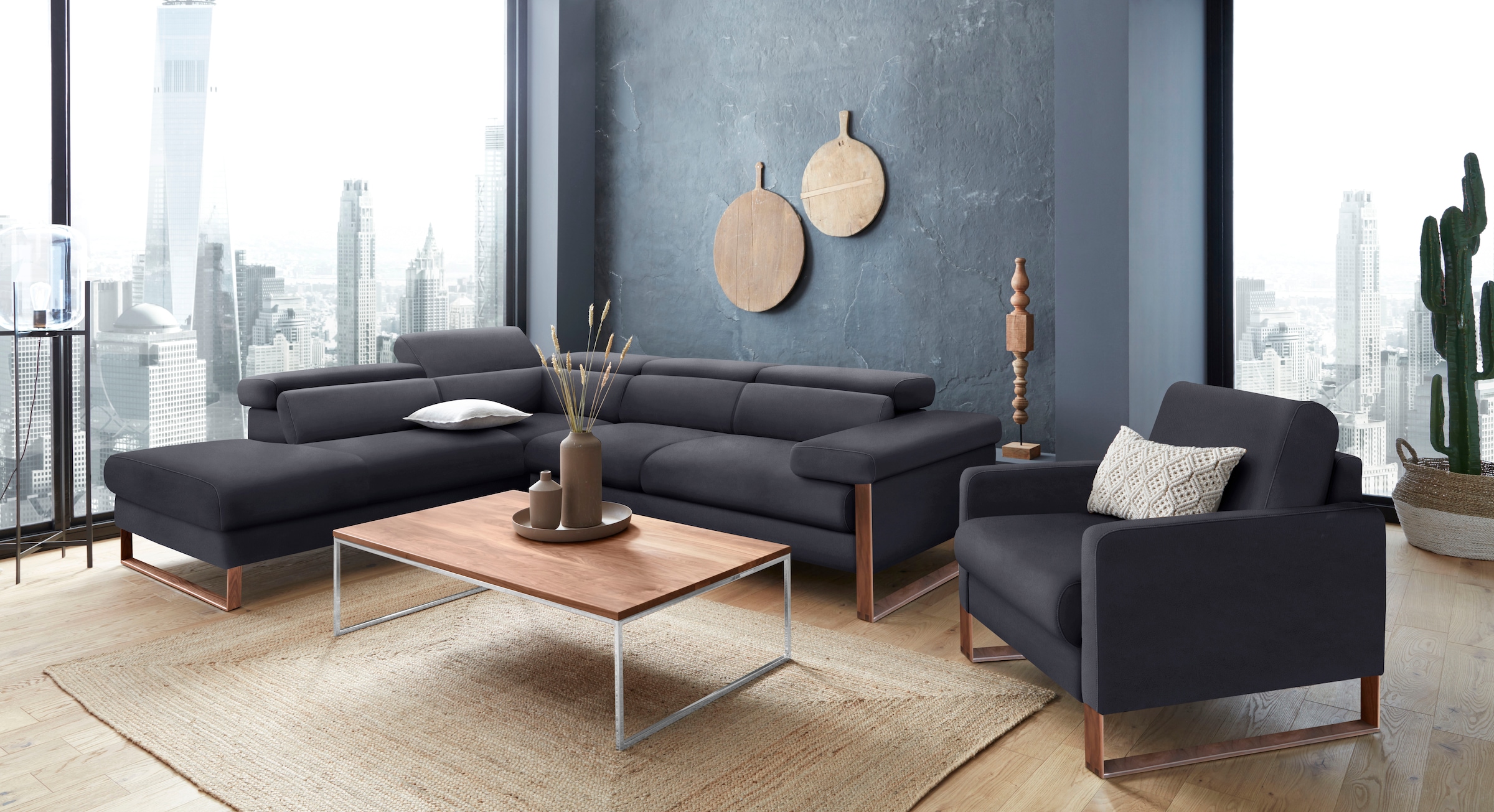 W.SCHILLIG Ecksofa »finn, Designsofa mit tollem Sitzkomfort, bequem, L-Form«, German Design Award 2016, Fußgestell Nussbaum natur, Breite 281 cm