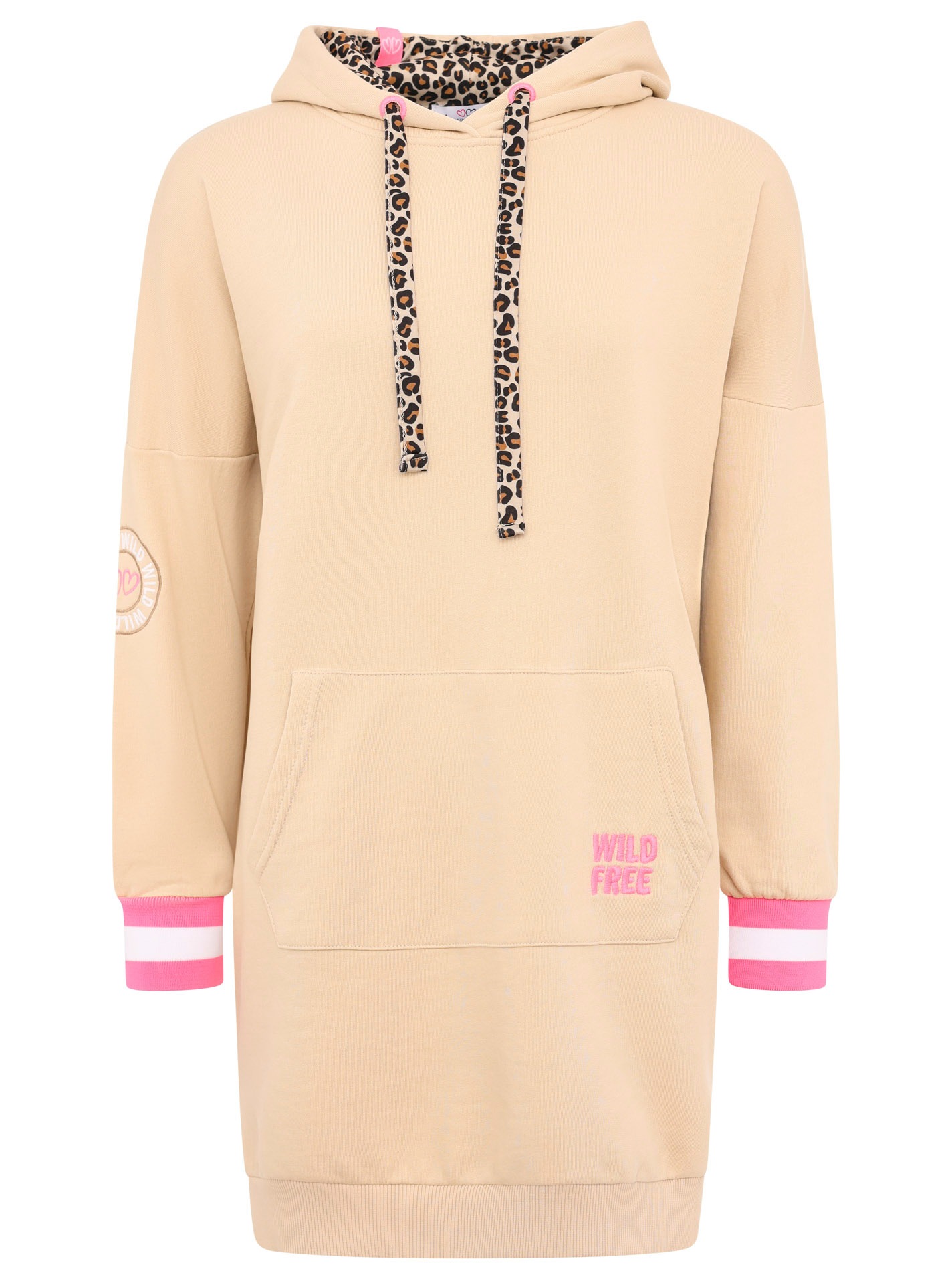 Zwillingsherz Sweatkleid »"Wild Free"«, mit Kapuze, Tasche, Leo-Detail und großer Stickerei hinten