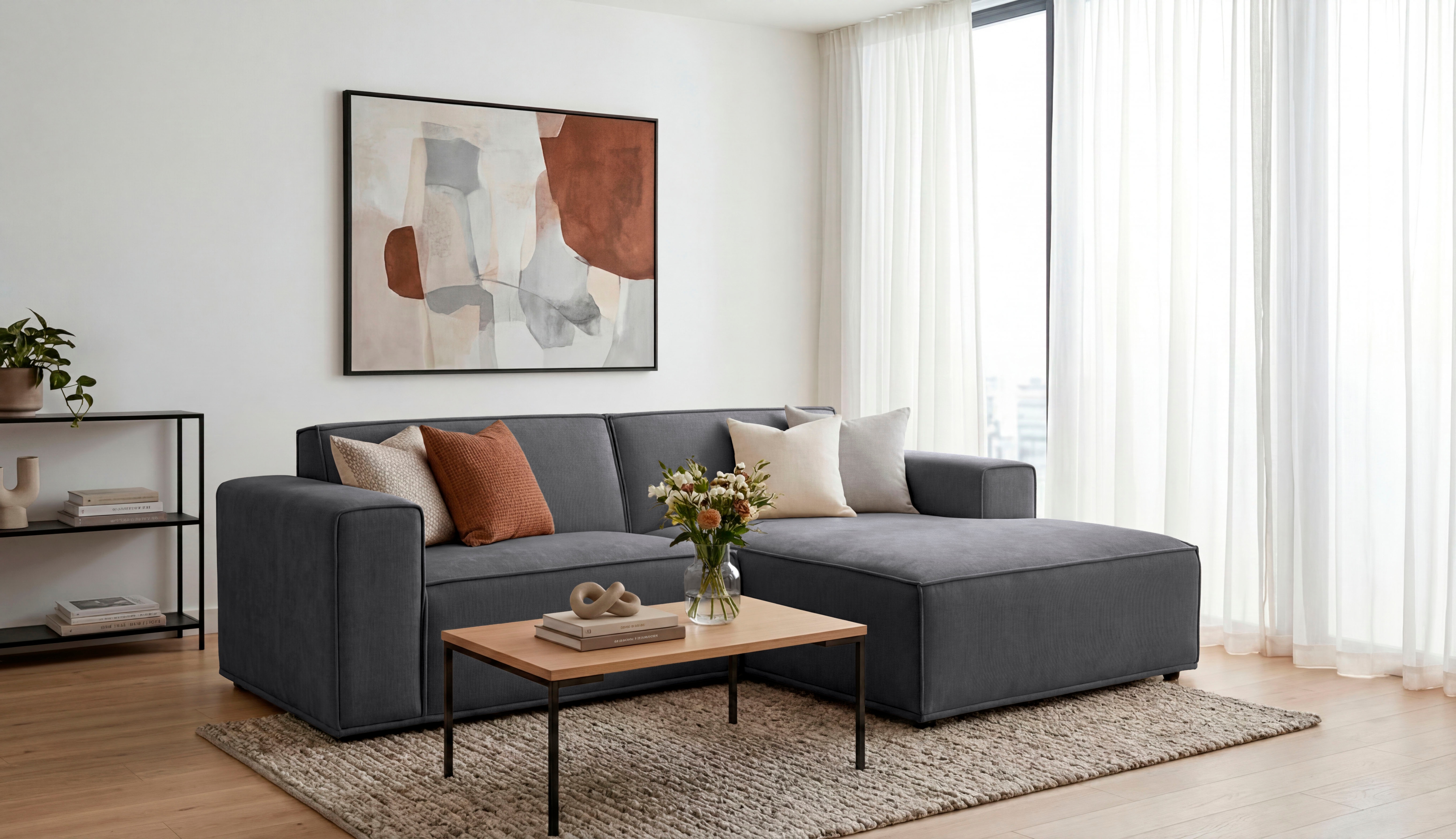 OTTO home Ecksofa "Avelin, 228 cm, L-Form, Chenille, Struktur-Boucle" mit Wellenunterfederung, Kedernaht, bodentief, Skandi-Design
