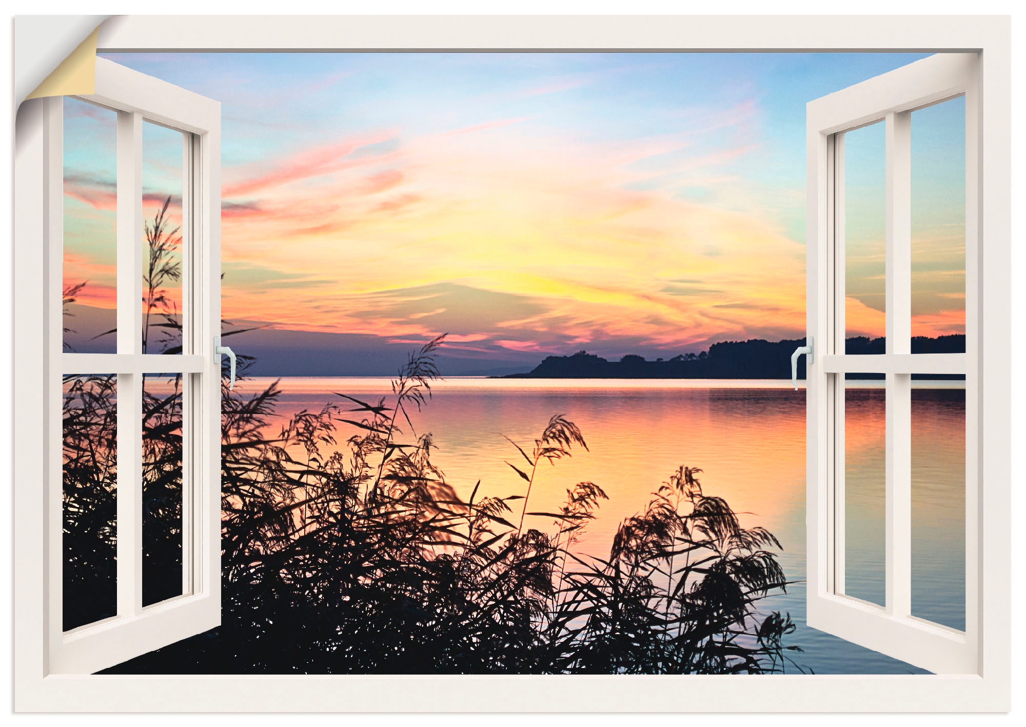 Poster (1 versch. Fensterblick, oder St.), Artland - Größen Wandaufkleber »Fensterblick als Abendrot kaufen Wandbild Leinwandbild, | BAUR Schilf«, in im