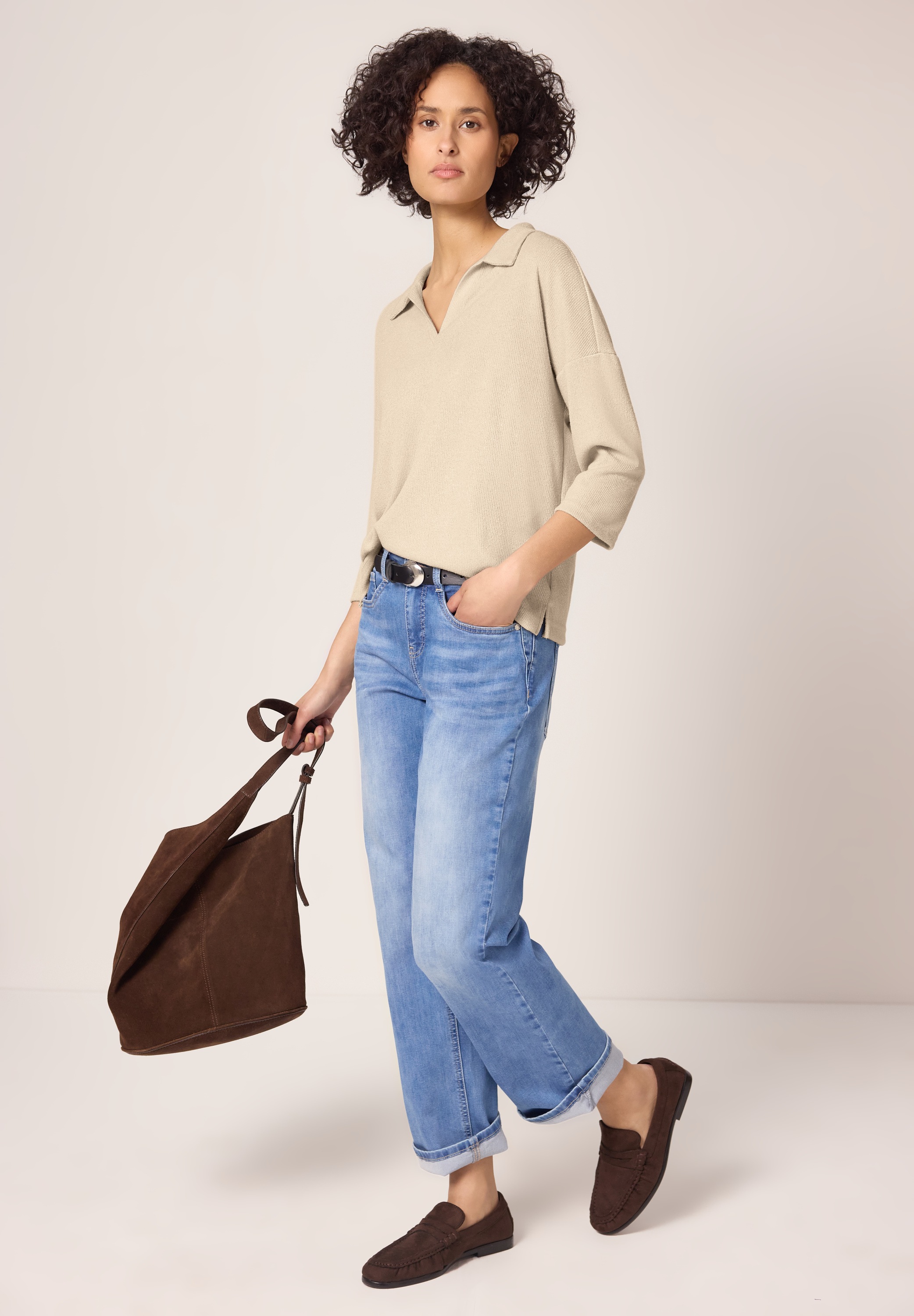 3/4-Arm-Shirt STREET ONE, Damen, Gr. 34, cotton beige, Stoff, 50% Viskose, 47% Polyester, 3% Elasthan, unifarben, normal normal, hoch geschlossener Ausschnitt, abgesteppt, Shirts 3/4-Arm-Shirt, mit 3/4 Ärmeln 3