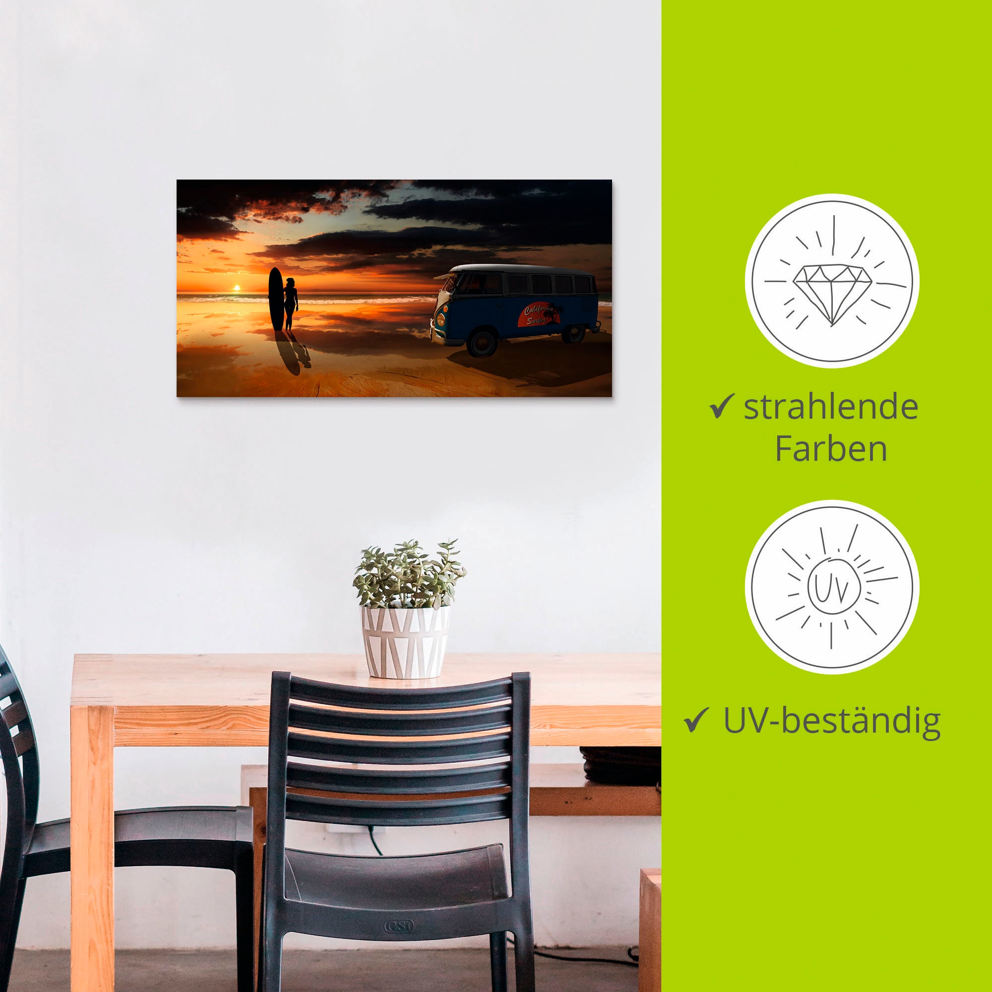 Artland Wandbild »Surfen in Kalifornien mit Bulli T1«, Küste, (1 St.), als Alubild, Outdoorbild, Leinwandbild, Poster, Wandaufkleber