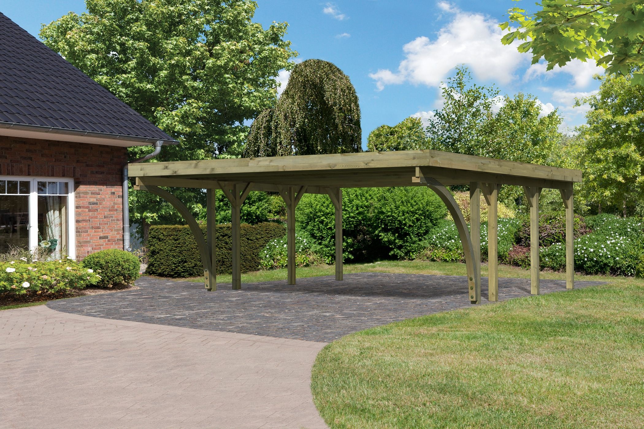 Doppelcarport KARIBUkdi, Carports, "»Classic 2 SET« PVC-Dach Variante C, mit zwei Einfahrtsbogen", aus Masivholz