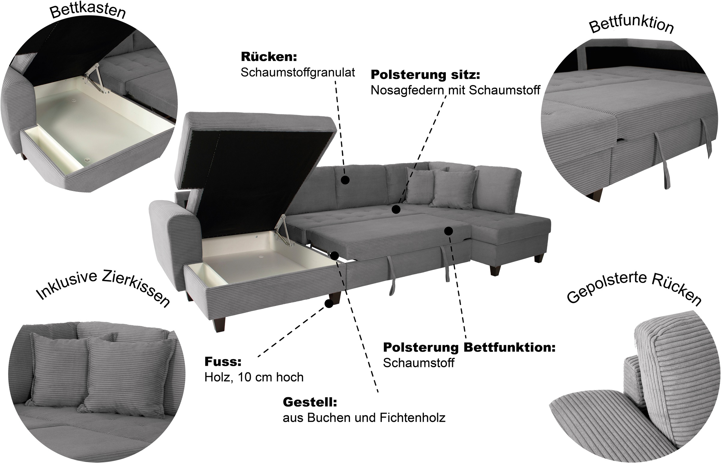 Thumbnail - Trends by HG Wohnlandschaft "Moritz, U-Form" inkl. Bettfunktion und Bettkasten, inkl. 2 Zierkissen