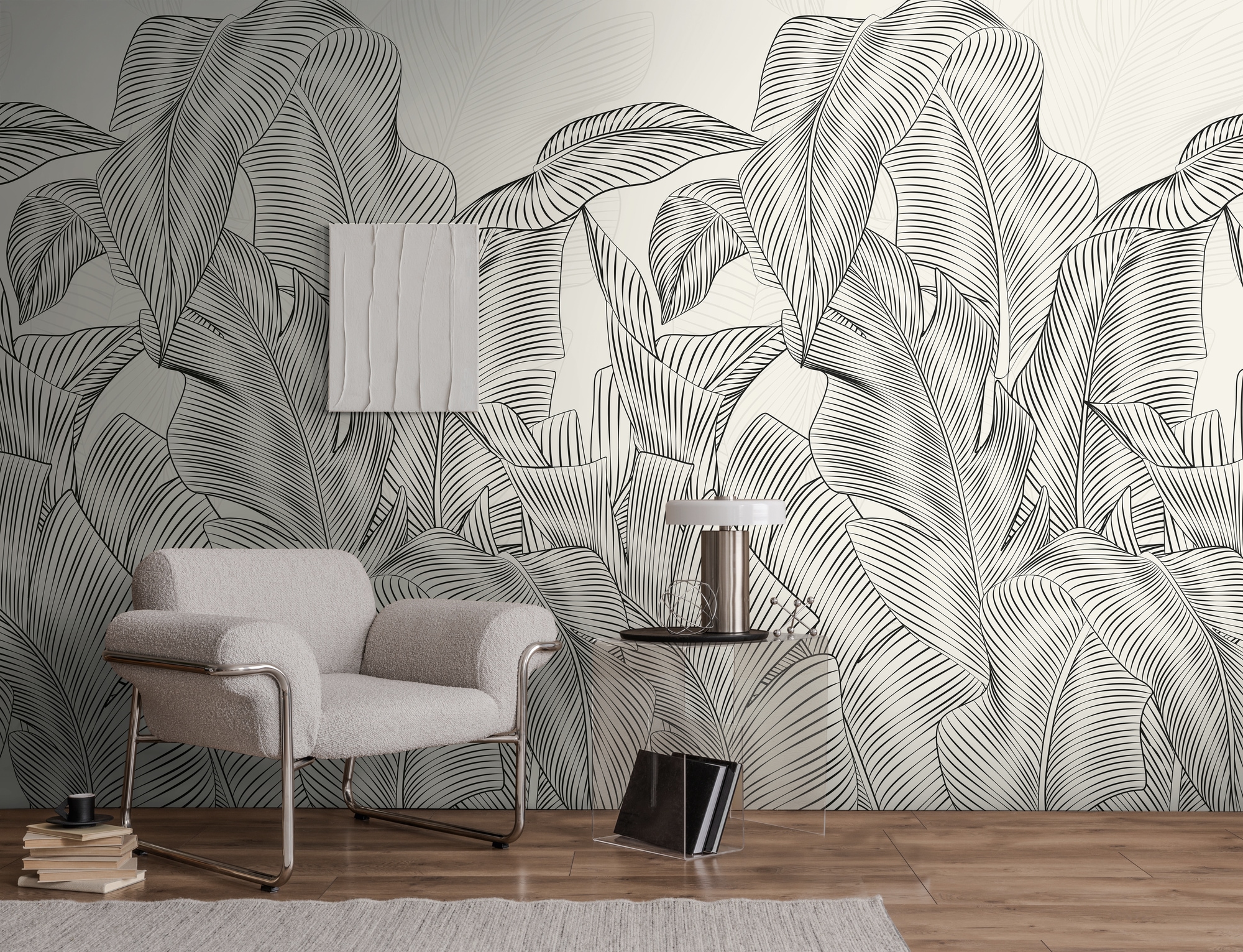 living walls Vliestapete »Vibes & Styles Linea Botanica – Jungle Outline Fototapete« floral leicht strukturiert Minimalistisches Blattdesign mit Linienführung und moderner Eleganz
