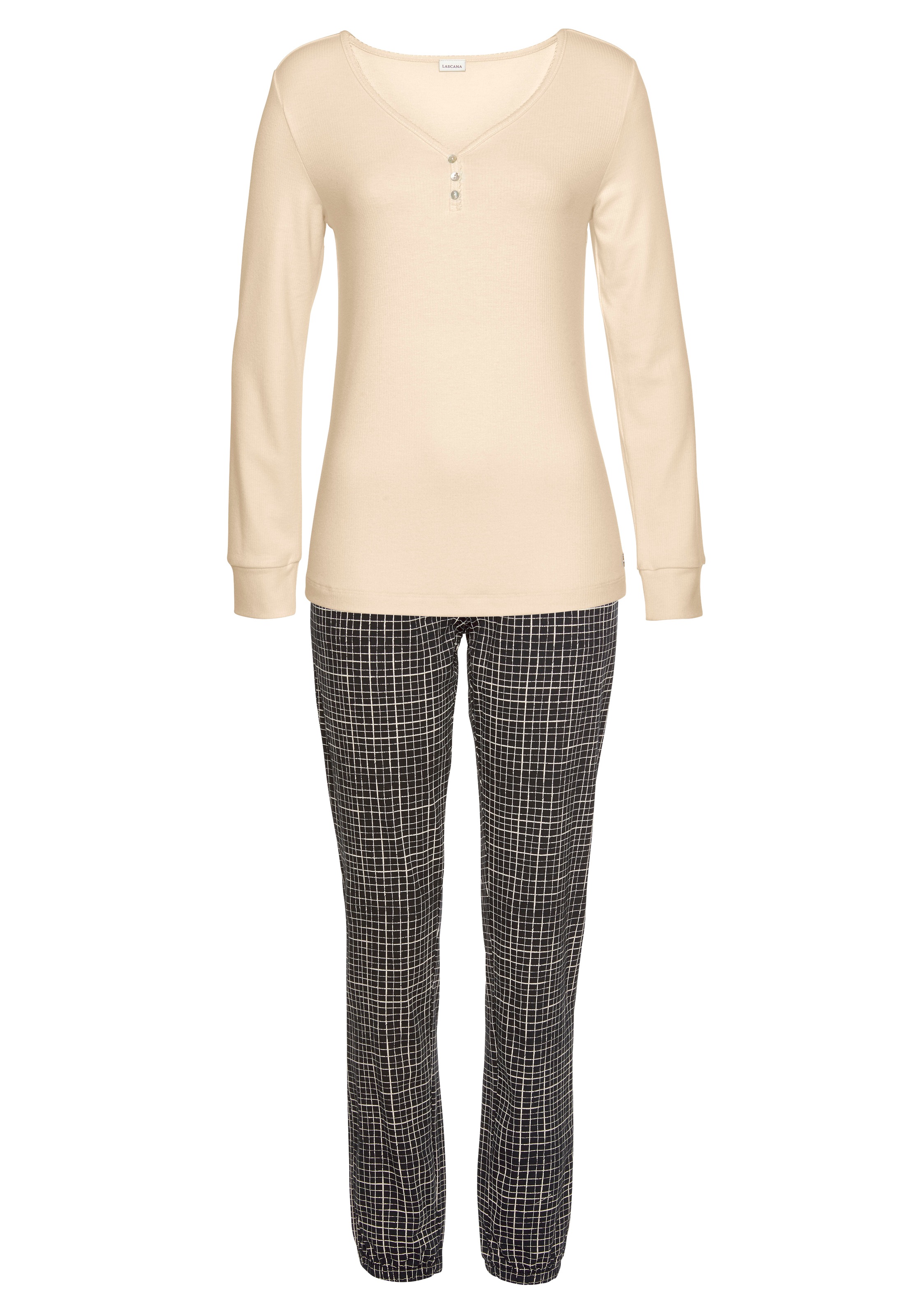 LASCANA Pyjama, 2 Stk. mit geripptem Langarmshirt günstig online kaufen