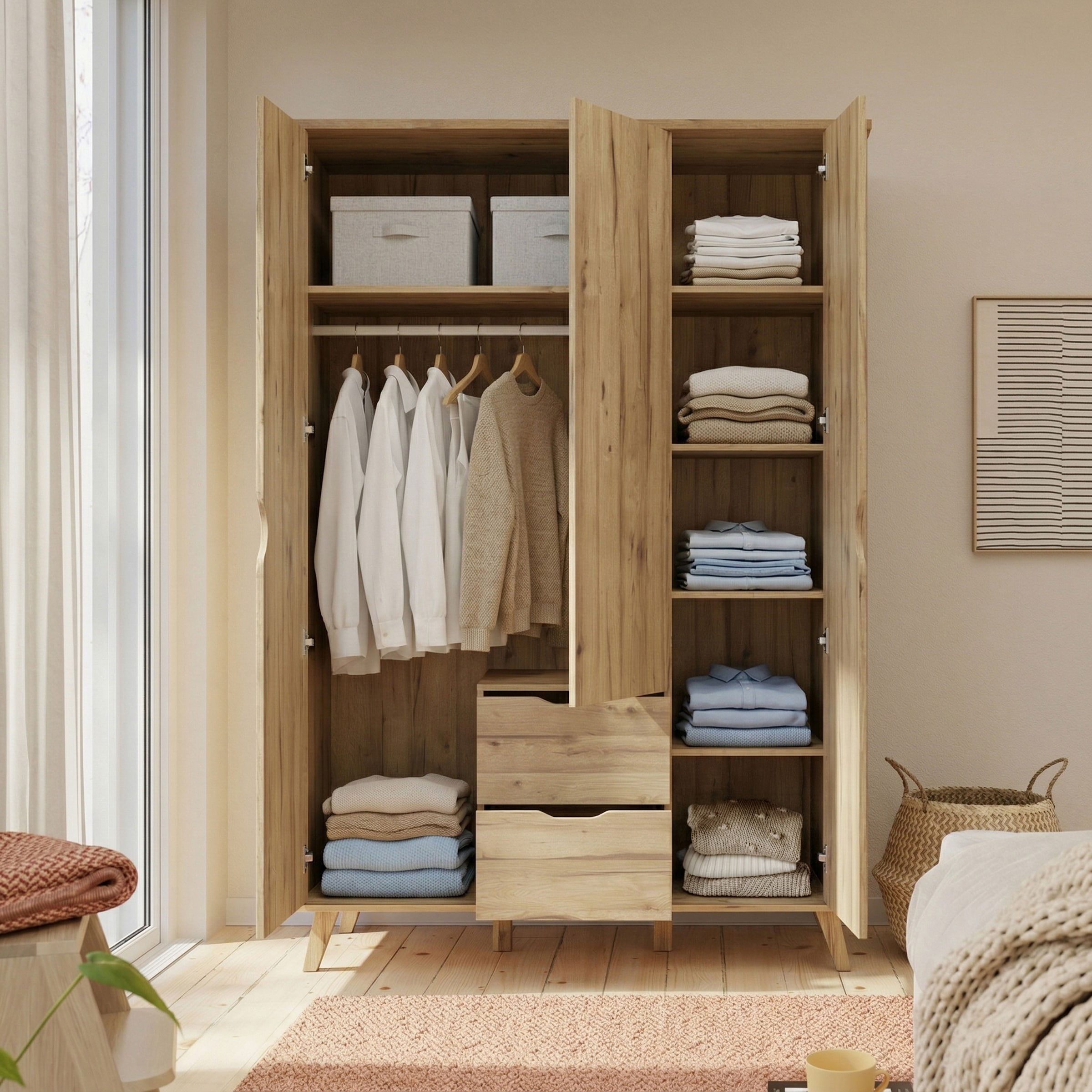 FORTE Drehtürenschrank »Vankka skandinavischer-Stil, viel Stauraum, ohne Griffe« B/H/T ca.140x200x52cm,  Made in Europe, mit Einlegeböden+Kleiderstange+Schubladen,grifflos