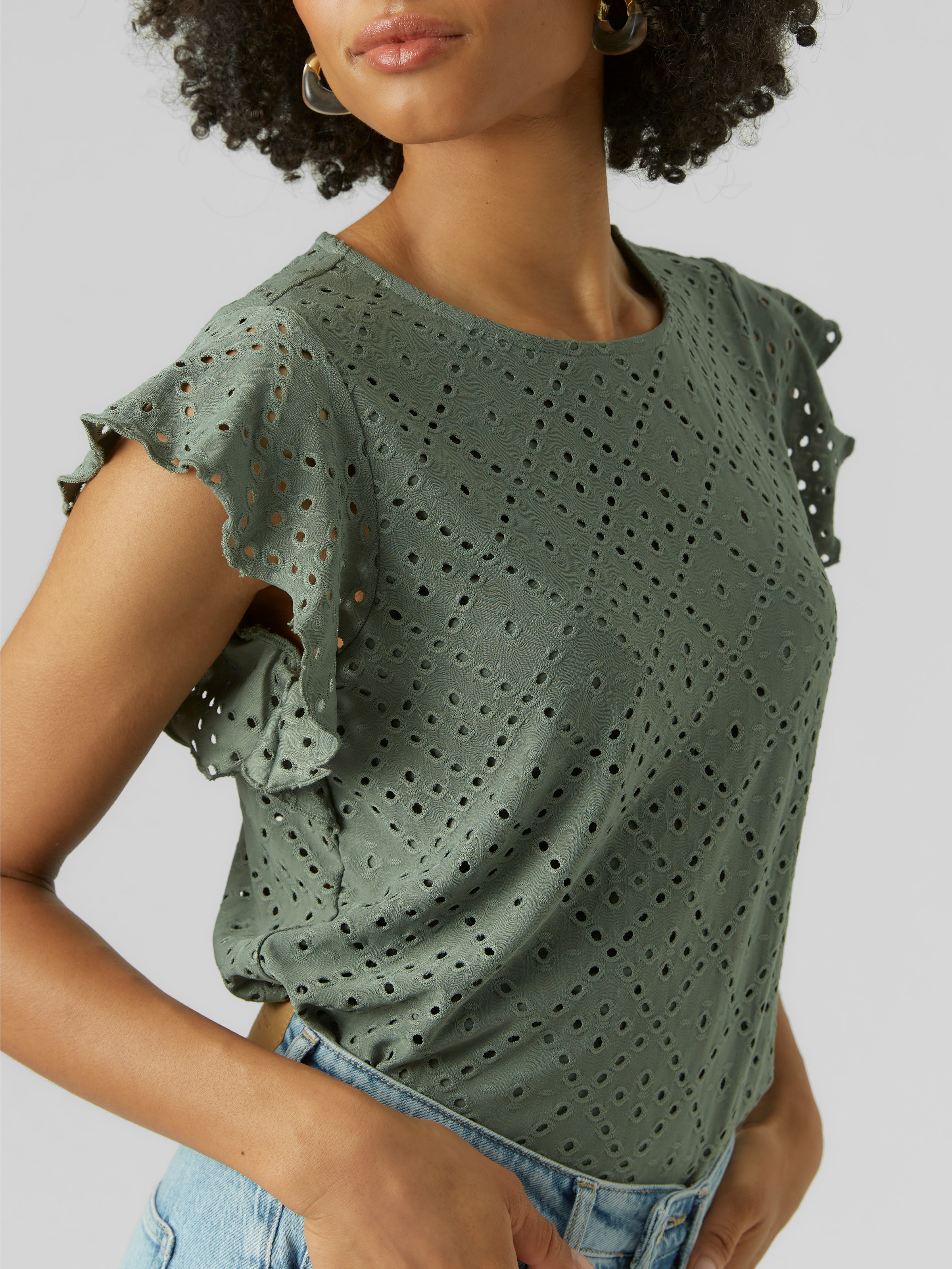 Vero Moda Rundhalsshirt "VMTASSA SL FRILL TOP NOOS" Materialmix, loose fit günstig online kaufen