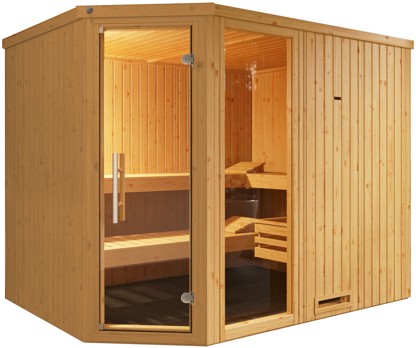 weka Sauna "Element-Ecksauna VARBERG 4", vorgefertigte Elemente, Fensterelement, moderne Ganzglastür