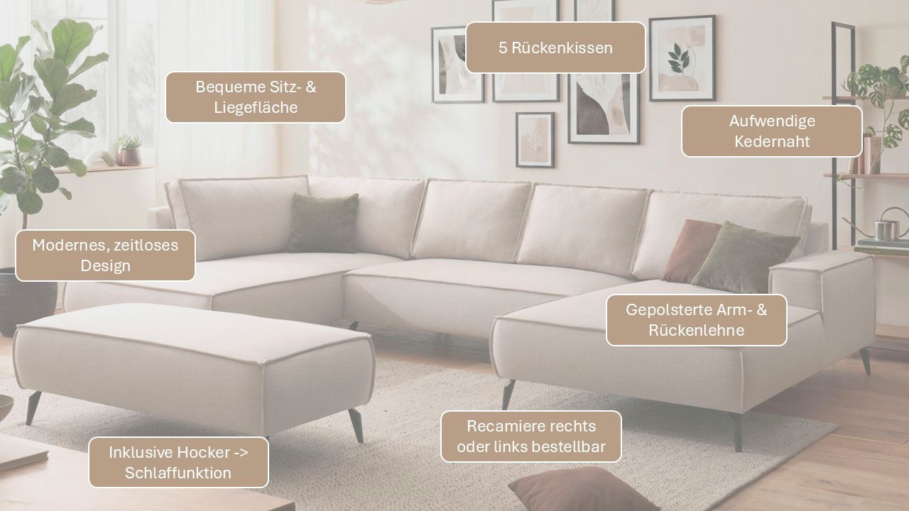 Wohnlandschaft HOME AFFAIRE "Tvinnu, moderne U-Form, Couch in Cord oder Webstoff in Leinenoptik", hellgrün, B:354cm H:83cm T:193cm, Sofas, Wohnlandschaft, Recamiere rechts/links, schwarze Metallfüße, bequeme Sitz-/Liegefläche 6