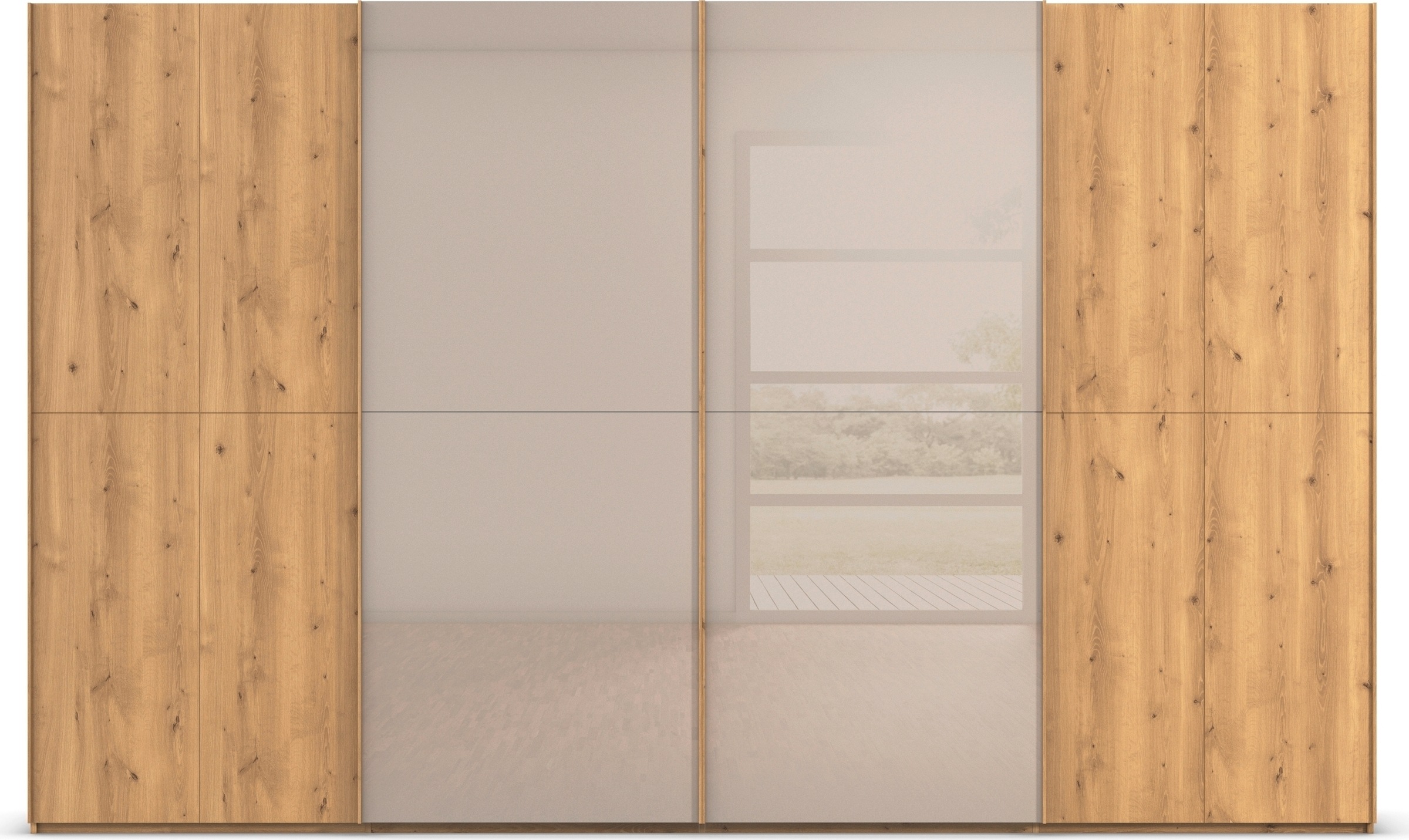 rauch Schwebetürenschrank »Kleiderschrank Schrank Garderobe Schlafzimmerschrank SCALE-WOOD«, edle geteilte Front in massiver Asteiche mit Glastüren MADE IN GERMANY