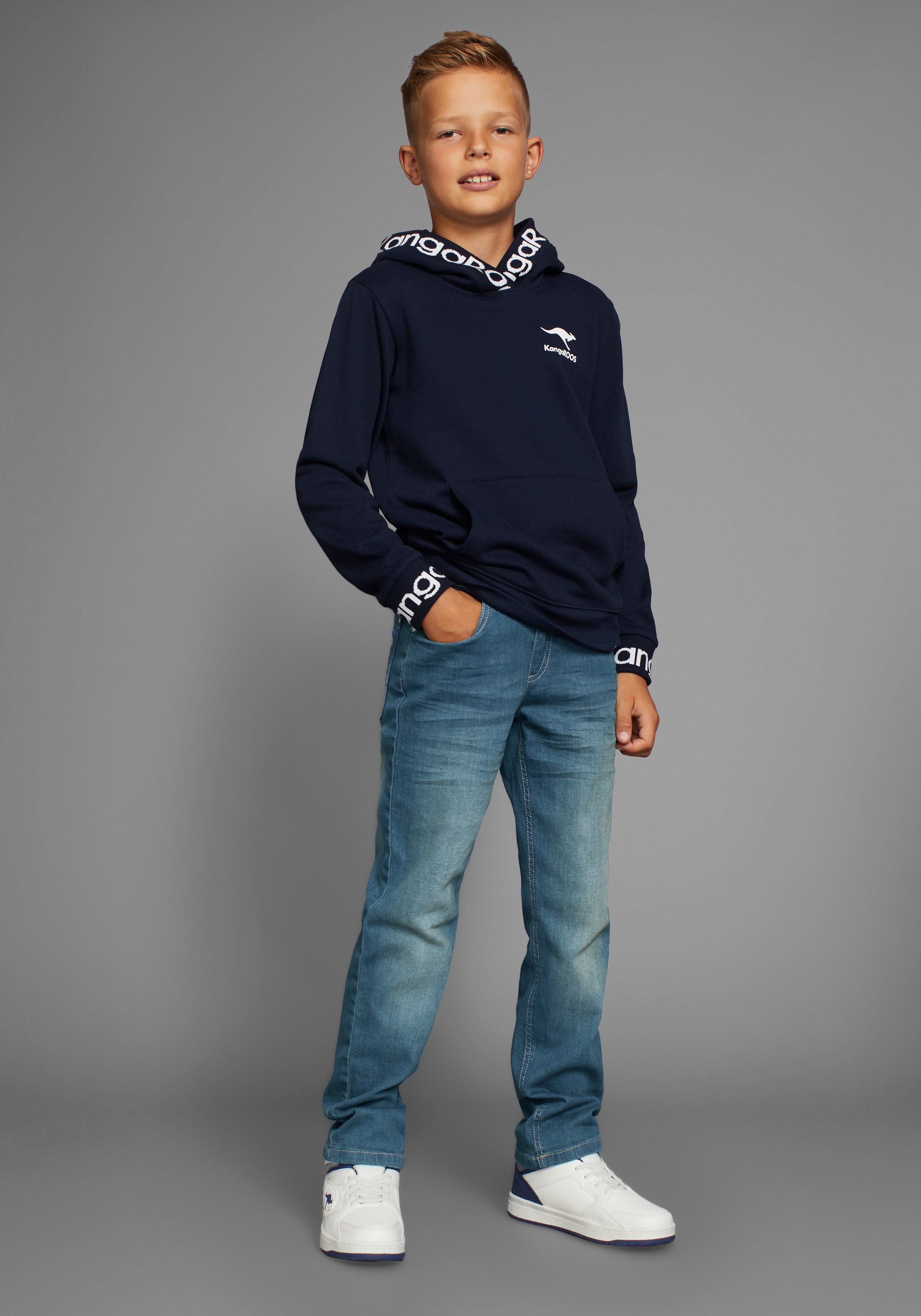 Stretch-Jeans KANGAROOS "regular fit mit geradem Beinverlauf", Jungen, Gr. 134, N-Gr, blau (blau stone used), Denim/Jeans, Obermaterial: 98% Baumwolle, 2% Elasthan, Basic, Basic lang, Jeans, bequeme Passform, gerades Bein, niedrige Leibhöhe 3