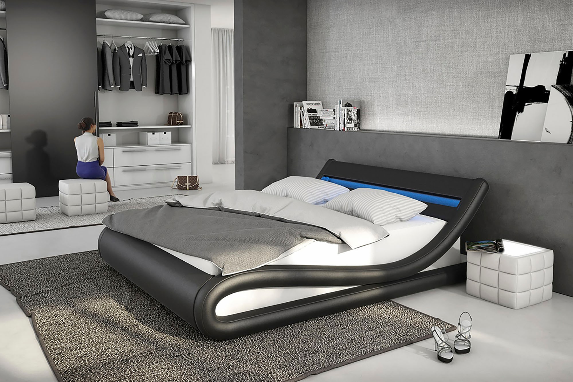 Polsterbett, mit LED-Beleuchtung, Kunstleder, Design Bett in moderner Form