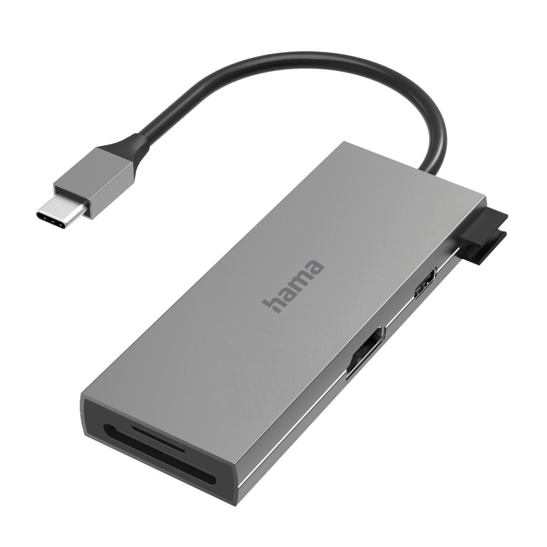 Hama USB-Adapter »USB-C Multiport Hub Laptop mit 6 Ports, USB-A, USB-C, HDMI, SD microSD«, USB-C zu USB Typ A-USB Typ C-HDMI-SD-Card, 15 cm, Laptop Dockingstation, kompakt, robustes Gehäuse, silberfarben