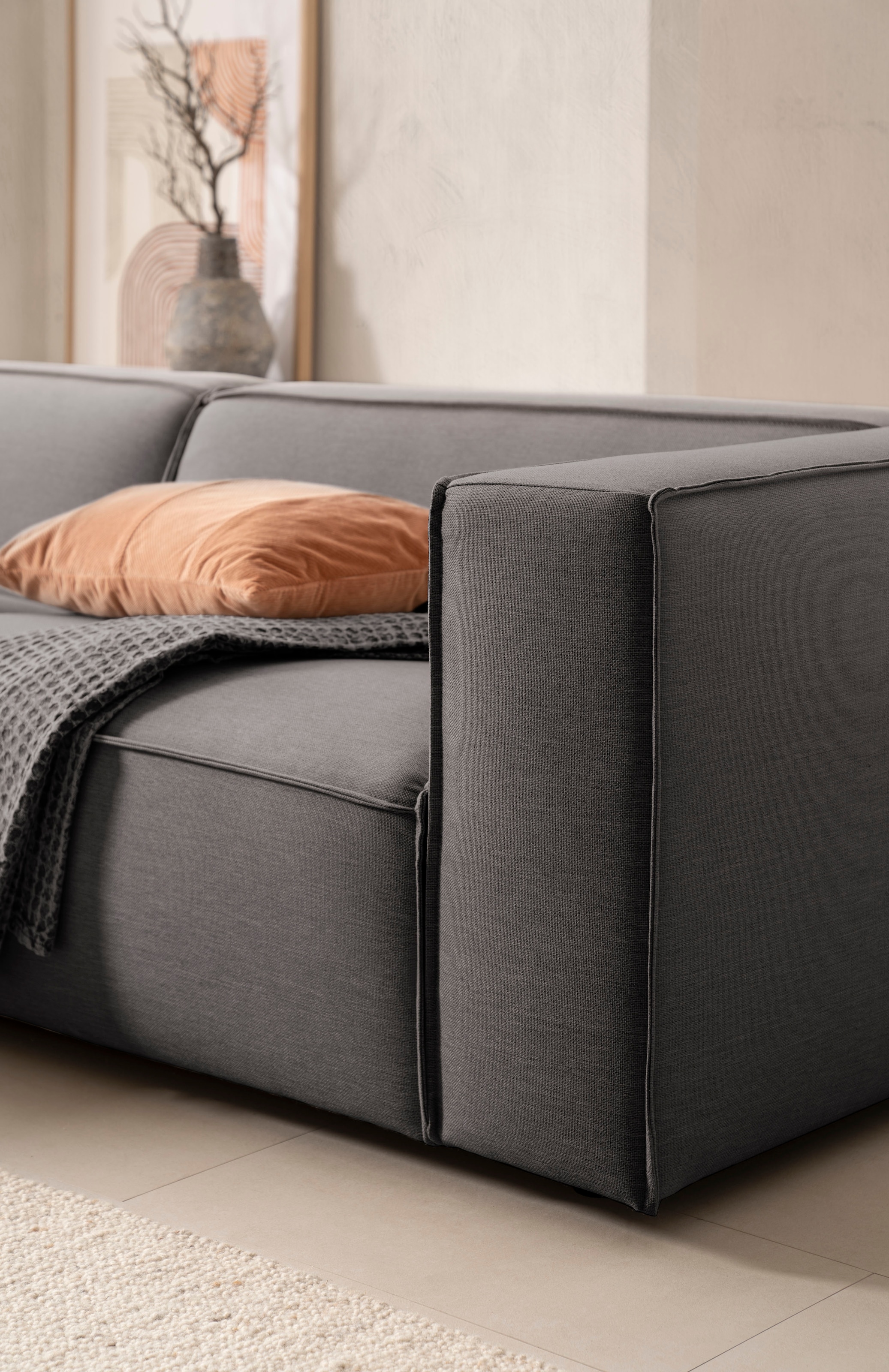 LeGer Home by Lena Gercke Ecksofa »PIARA mit Kedernaht in Cord oder Leinenoptik, moderne Couch in L-Form«, wahlweise Ottomane rechts/links, schwarze Füße, bequemer Sitzkomfort