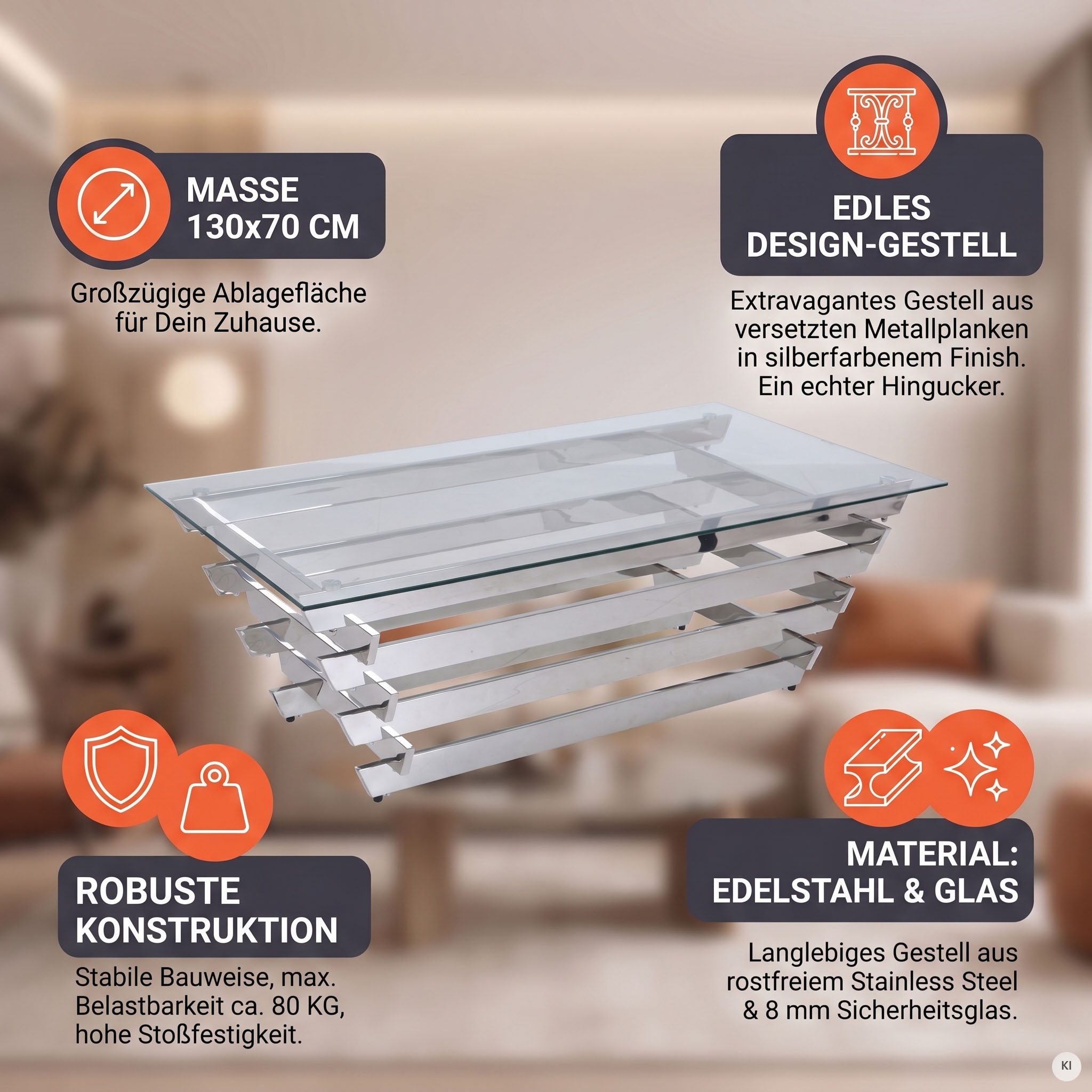 SalesFever Couchtisch »Eleganter Tisch für Wohnzimmer« Edles Design-Gestell aus rostfreiem Stahl